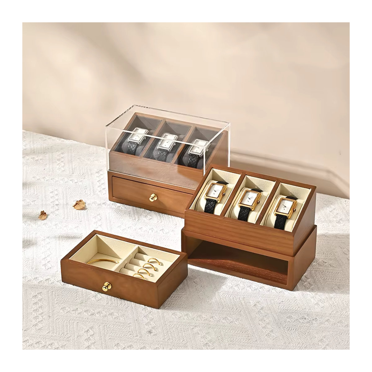 WoodTen Uhrenbox aus Holz mit 3 Fächern, doppellagiger Schmuck-Organizer in Braun und Beige - Bild 3
