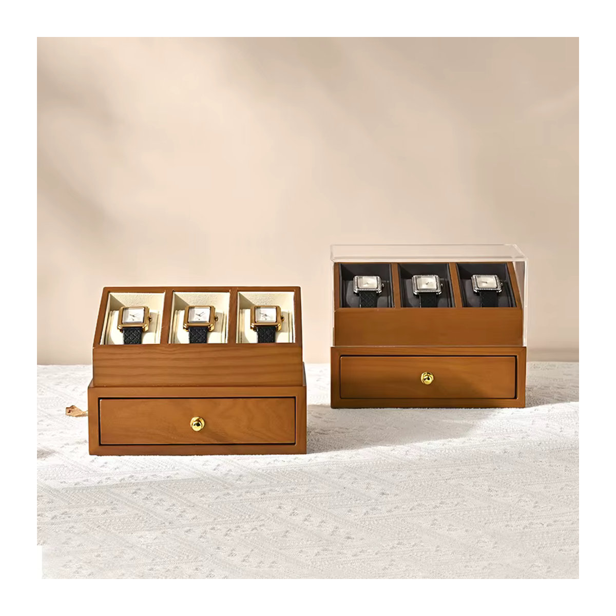 WoodTen Uhrenbox aus Holz mit 3 Fächern, doppellagiger Schmuck-Organizer in Braun und Beige - Bild 4