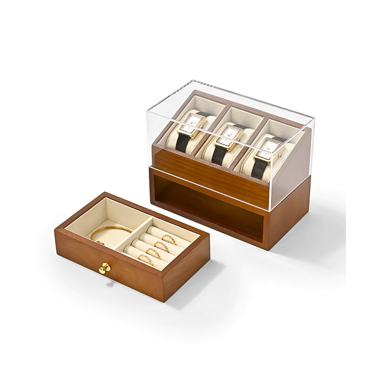 WoodTen Uhrenbox aus Holz mit 3 Fächern, doppellagiger Schmuck-Organizer in Braun und Beige - Bild 5