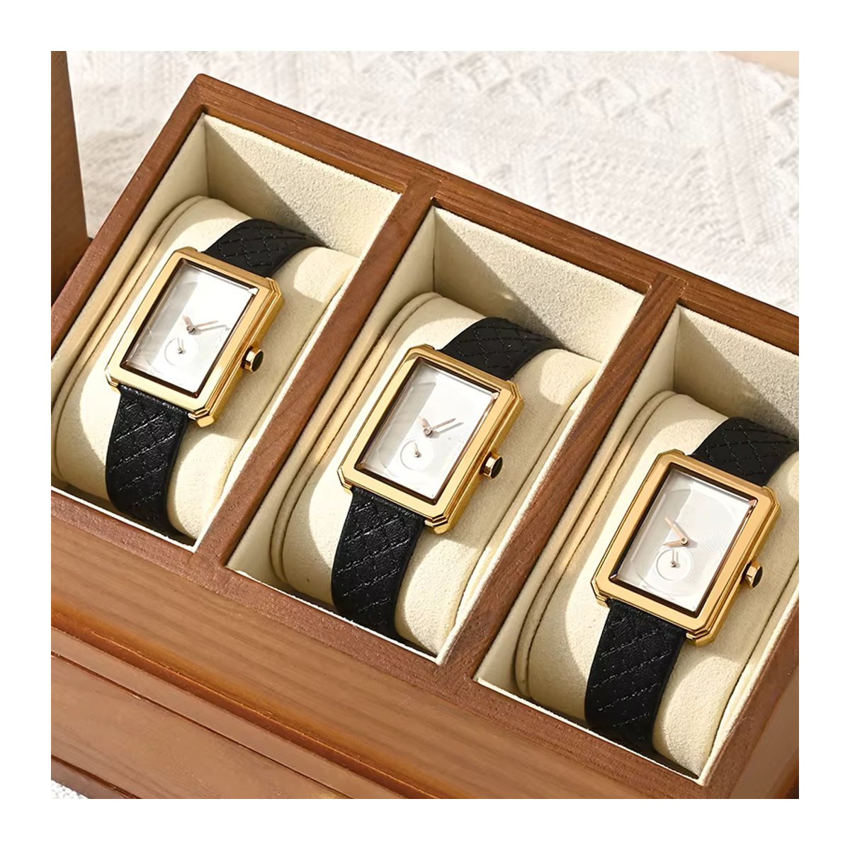 WoodTen Uhrenbox aus Holz mit 3 Fächern, doppellagiger Schmuck-Organizer in Braun und Beige - Bild 6