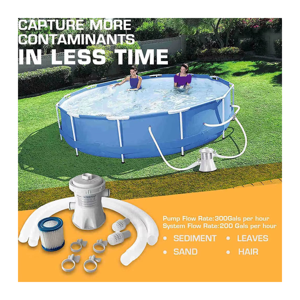 Worallymy Schwimmbad Filterpumpe für 300 Gallonen Pools mit Reinigungsfunktion und US-Stecker - Bild 3
