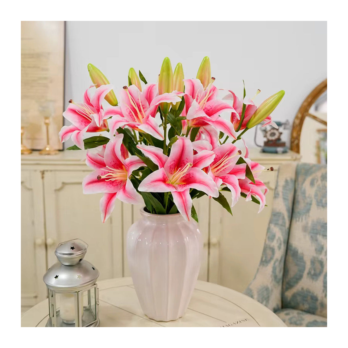 WQNJIN Künstliche Lilien mit 3 Blütenköpfen in Pink und Mehrfarbig als Textil-Blumenstrauß für Hochzeiten und die Tischdekoration im Wohnzimmer - Bild 2