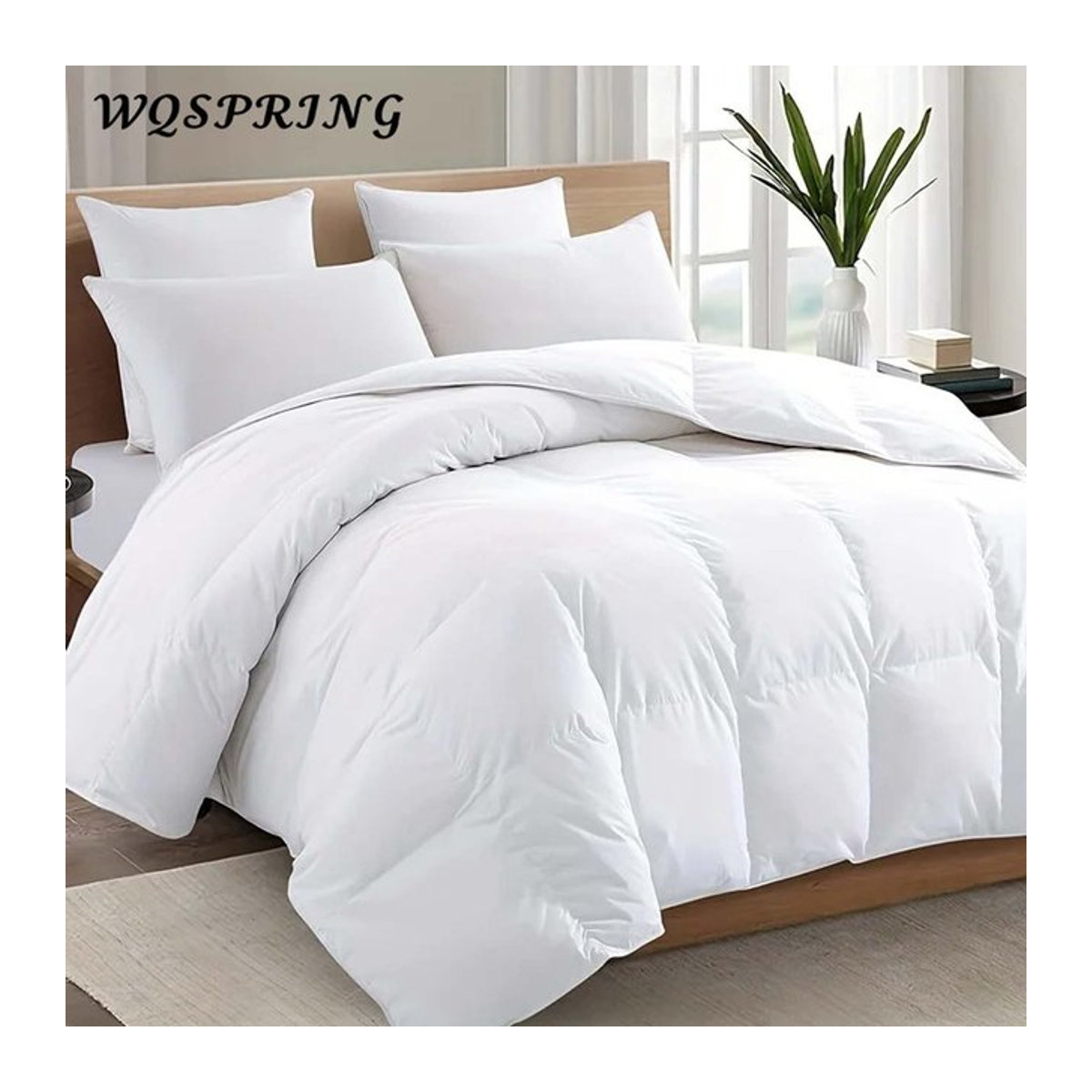 WQSPRING King-Size Bettdecke aus weißen Gänsefedern in Weiß und Blau, luxuriöse Steppdecke mit Hohlfaser-Füllung, anti-allergen und wärmend - Bild 1