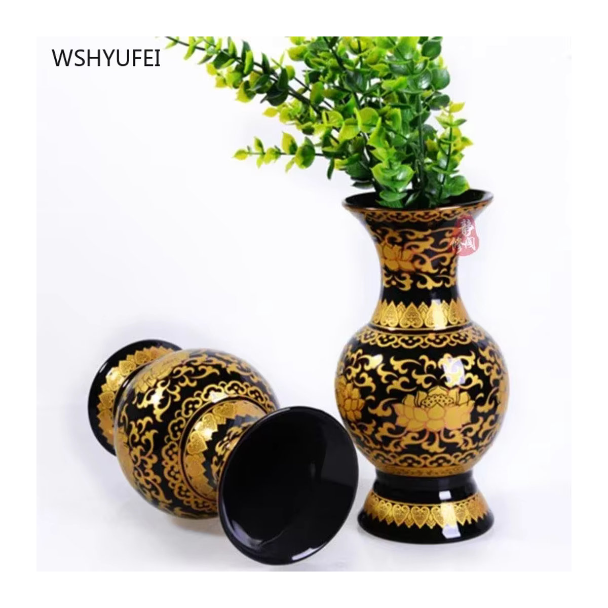 WSHYUFEI Keramikvase in Schwarz mit floralem Design für Schnittblumen und Feng Shui Dekoration, B/T/H: 15,24 x 15,24 x 15,24 cm - Bild 3