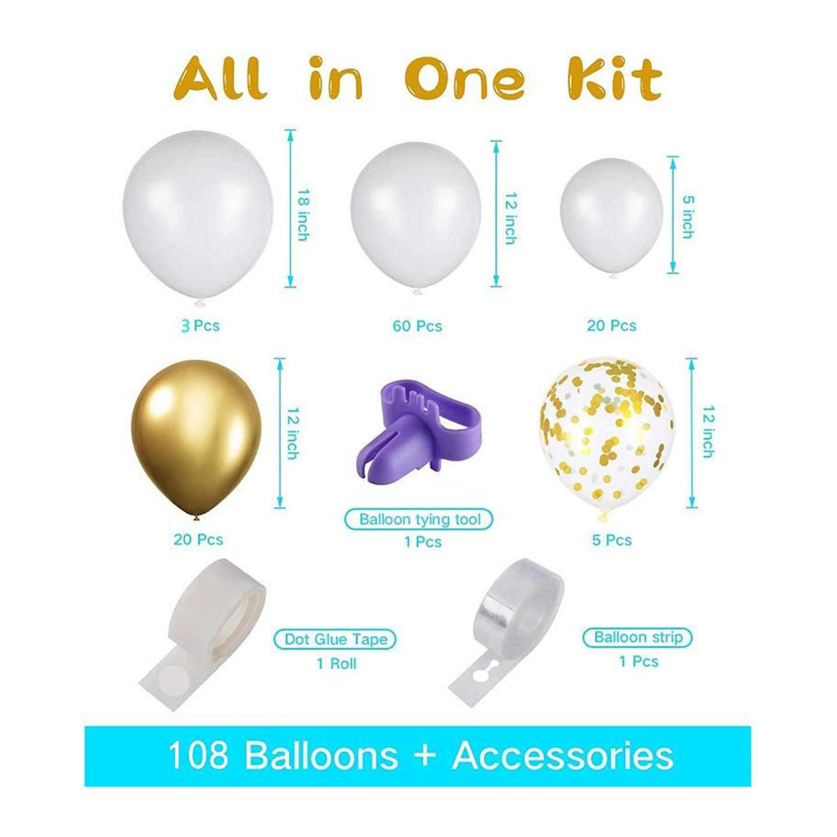 WTEMPO Ballonbogen Set aus 108 Stück in Weiß und Gold, Latex Ballongirlande für Geburtstag, Hochzeit und Babyparty - Bild 2