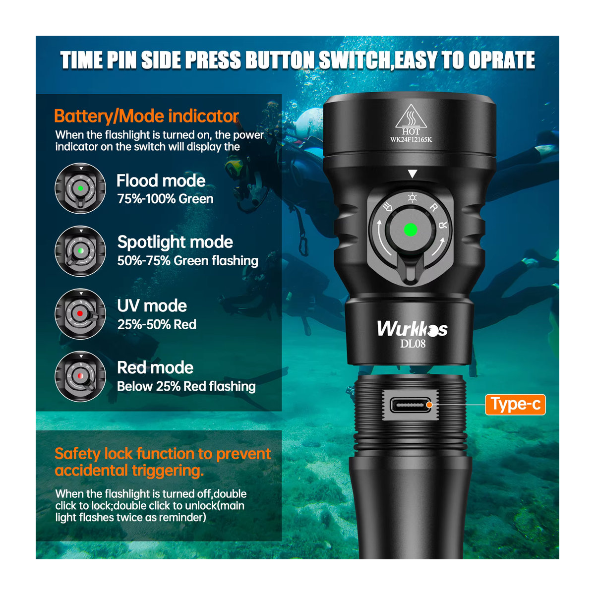 Wurkkos DL08 Tauchlampe mit 3600 lm, UV-Licht 365 nm und rotem Licht 660 nm, wiederaufladbare Unterwasserlampe mit Magnetschalter - Bild 4