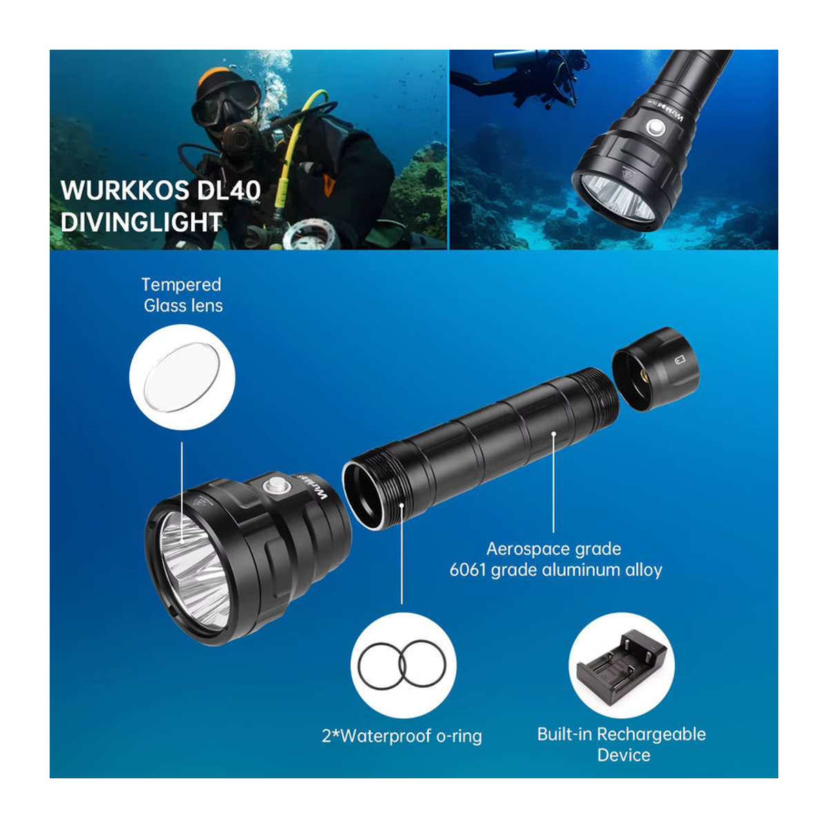 Wurkkos DL40 Professionelle Tauchlampe mit 5000 Lumen und 4 TN-3535 LEDs für Unterwasser-Einsätze - Bild 1