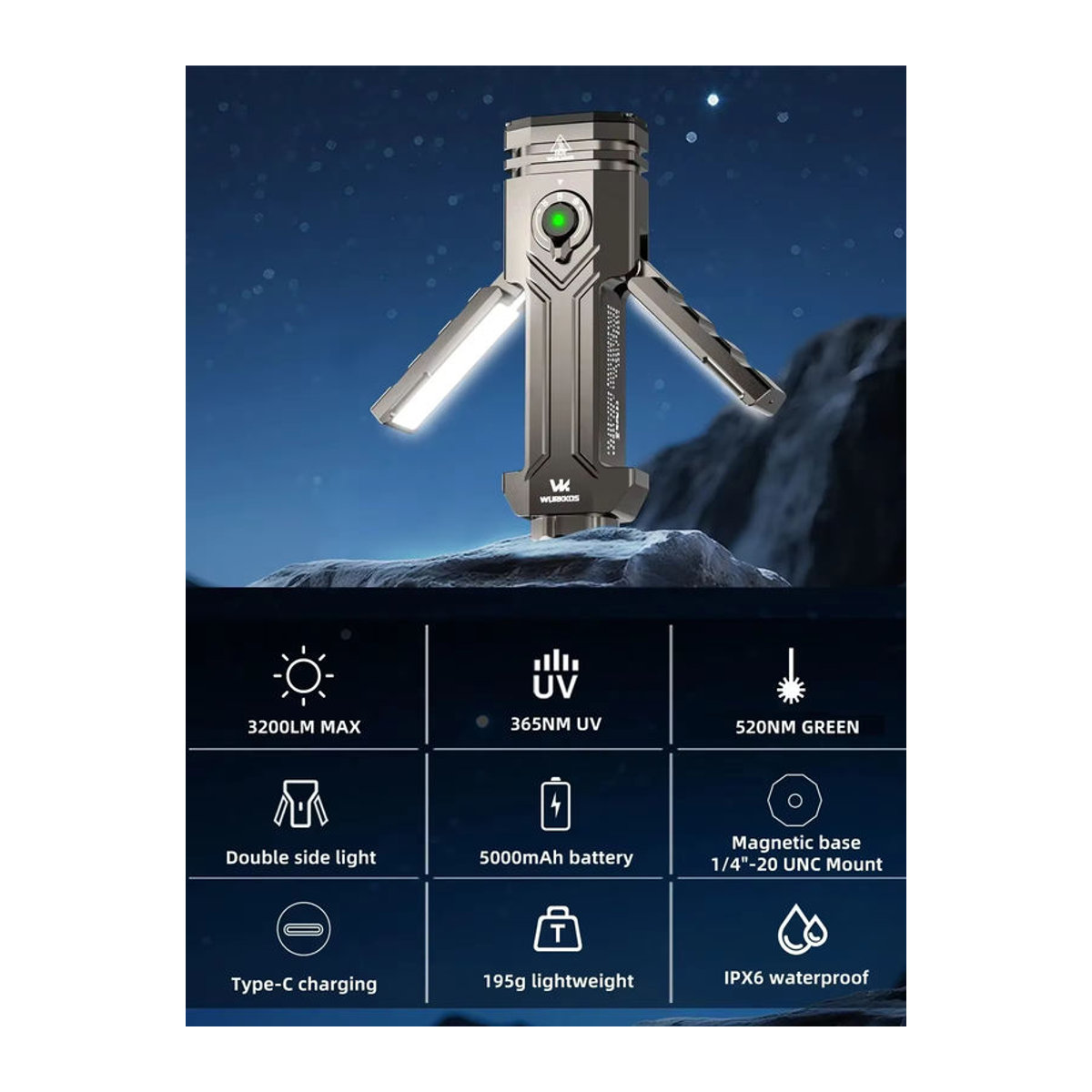 Wurkkos HD02 LED-Campinglampe mit 3200 Lumen, tragbarer Suchscheinwerfer für Outdoor, Angeln und Wandern mit wiederaufladbarem Akku - Bild 7