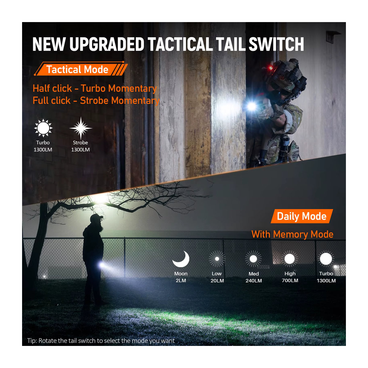 Wurkkos TD07 Taktische Taschenlampe mit 1300 lm und 479 m Reichweite, IP68 wasserdicht, wiederaufladbar mit 18350-Batterien - Bild 3