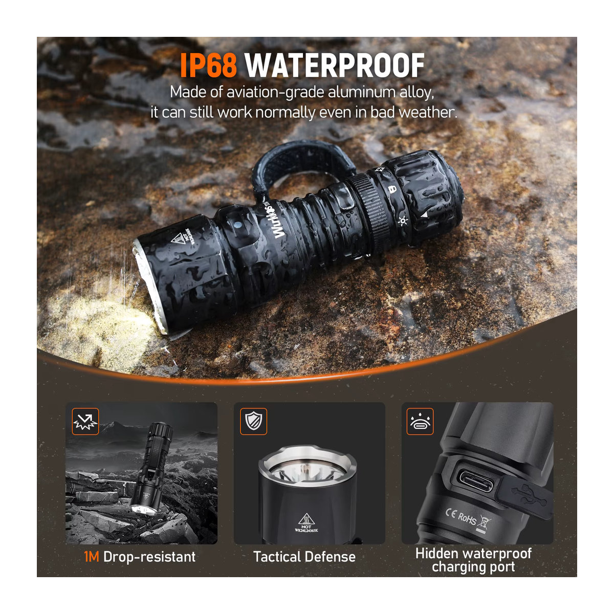 Wurkkos TD07 Taktische Taschenlampe mit 1300 lm und 479 m Reichweite, IP68 wasserdicht, wiederaufladbar mit 18350-Batterien - Bild 5