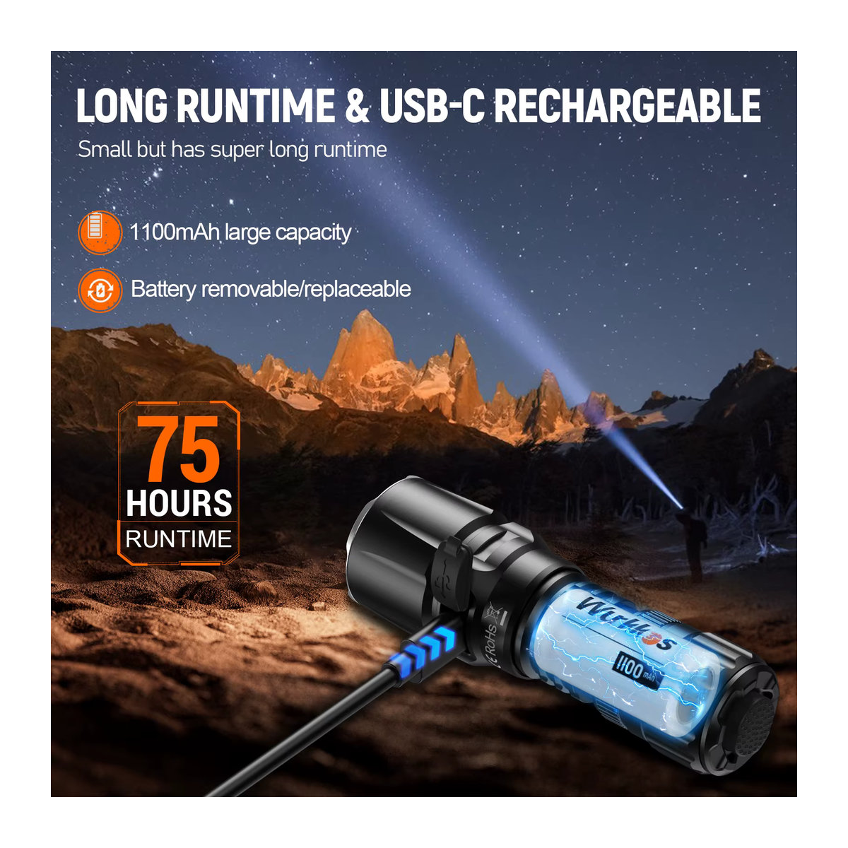 Wurkkos TD07 Taktische Taschenlampe mit 1300 lm und 479 m Reichweite, IP68 wasserdicht, wiederaufladbar mit 18350-Batterien - Bild 6