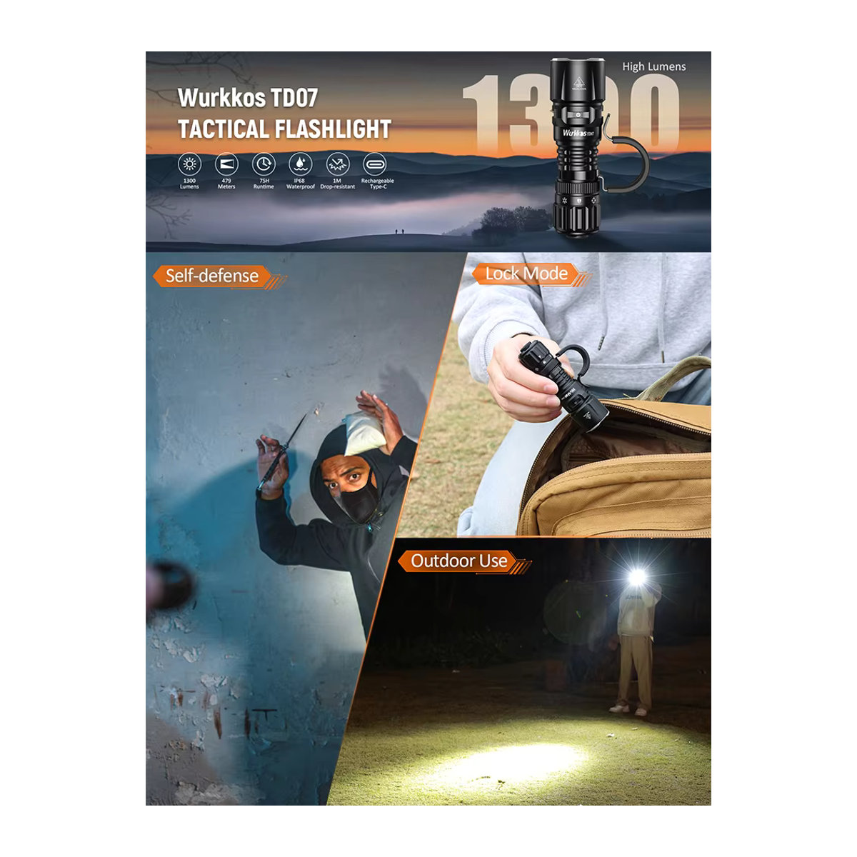 Wurkkos TD07 Taktische Taschenlampe mit 1300 lm und 479 m Reichweite, IP68 wasserdicht, wiederaufladbar mit 18350-Batterien - Bild 7