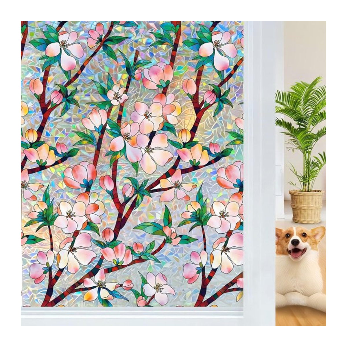 WXSHSH Regenbogen Fenster-Sichtschutzfolie mit floralem 3D-Design, statisch haftende Buntglas-Effekt Aufkleber in Mehrfarbig, 45 x 100 x 45 cm - Bild 1