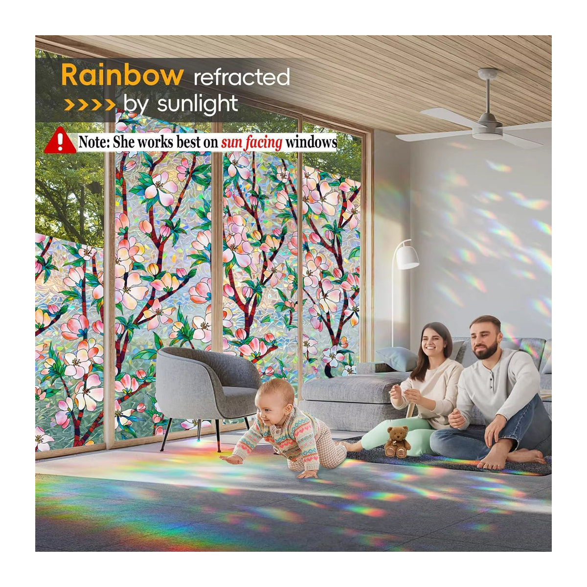 WXSHSH Regenbogen Fenster-Sichtschutzfolie mit floralem 3D-Design, statisch haftende Buntglas-Effekt Aufkleber in Mehrfarbig, 45 x 100 x 45 cm - Bild 3