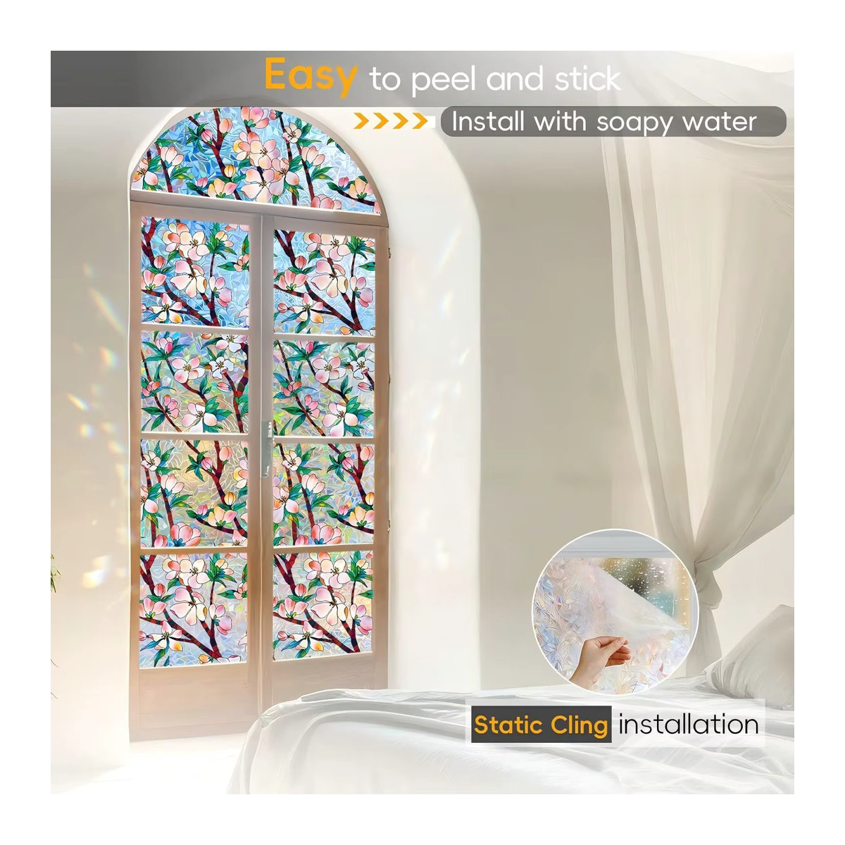 WXSHSH Regenbogen Fenster-Sichtschutzfolie mit floralem 3D-Design, statisch haftende Buntglas-Effekt Aufkleber in Mehrfarbig, 45 x 100 x 45 cm - Bild 4