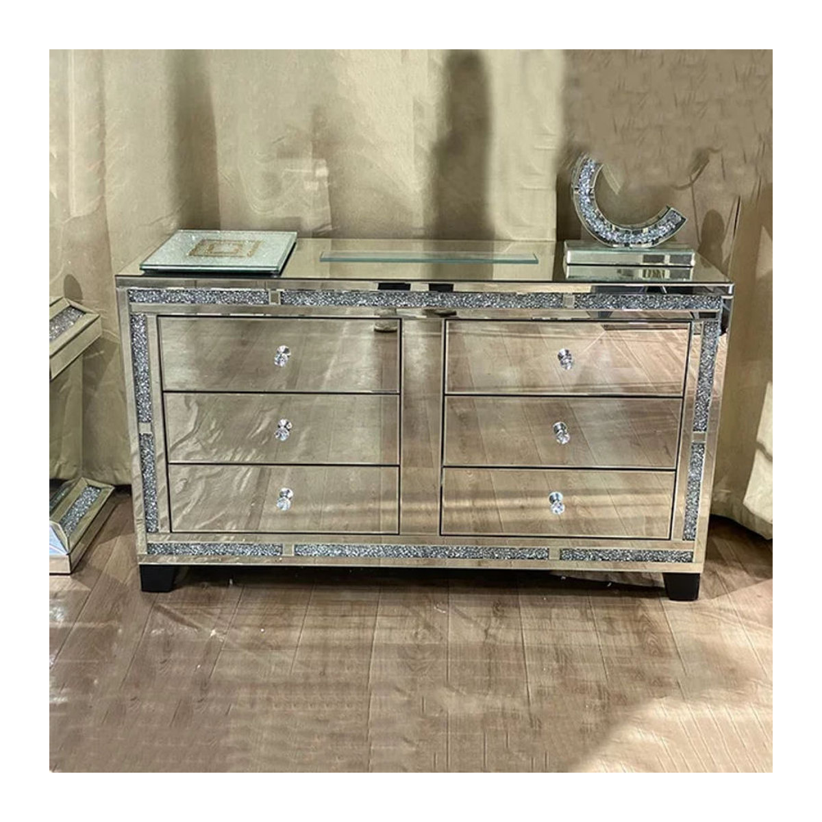 WXWF-691 Kommode mit Spiegel und 6 Schubladen in Silber und Braun, B/H/T: 130 x 84 x 45 cm - Bild 1