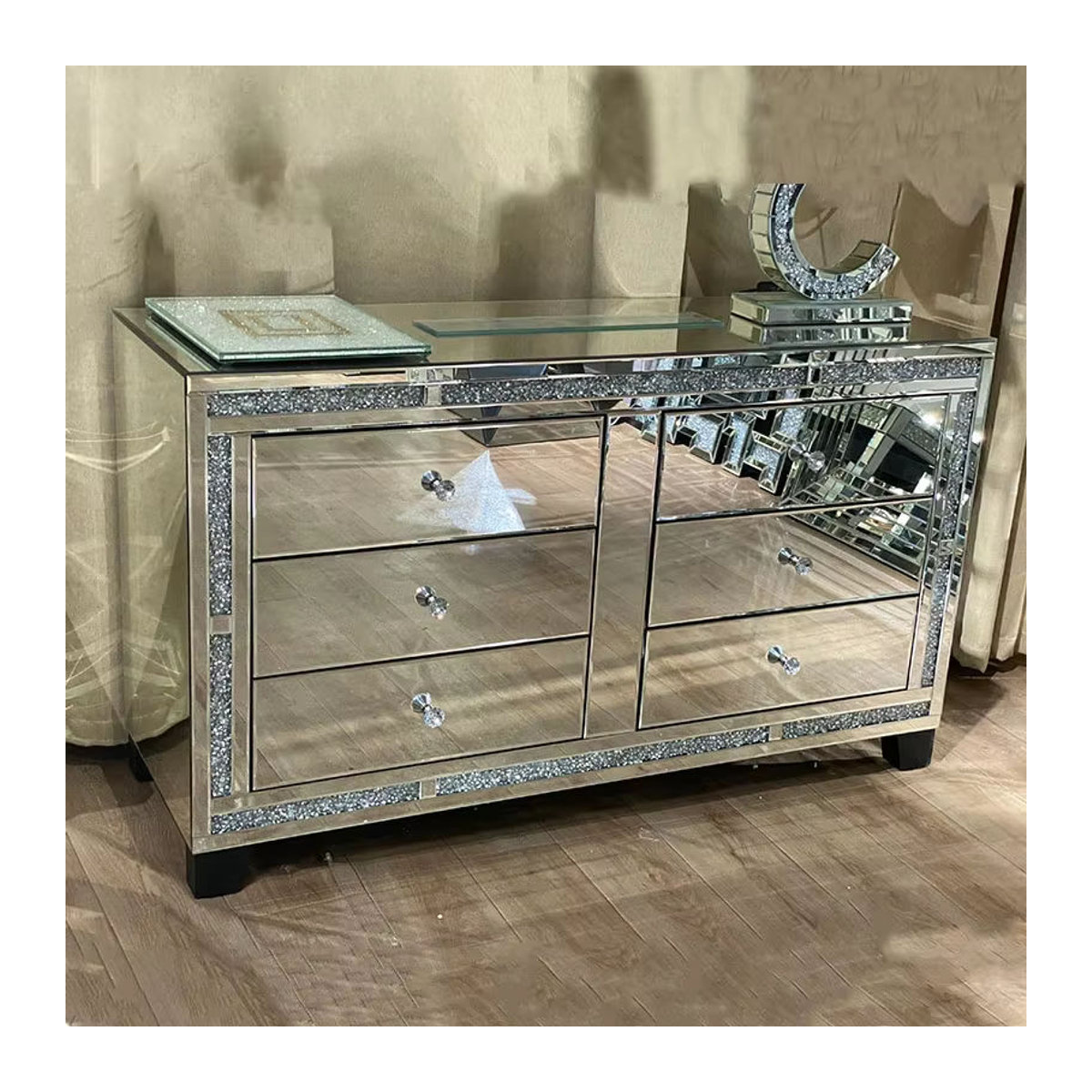 WXWF-691 Kommode mit Spiegel und 6 Schubladen in Silber und Braun, B/H/T: 130 x 84 x 45 cm - Bild 3