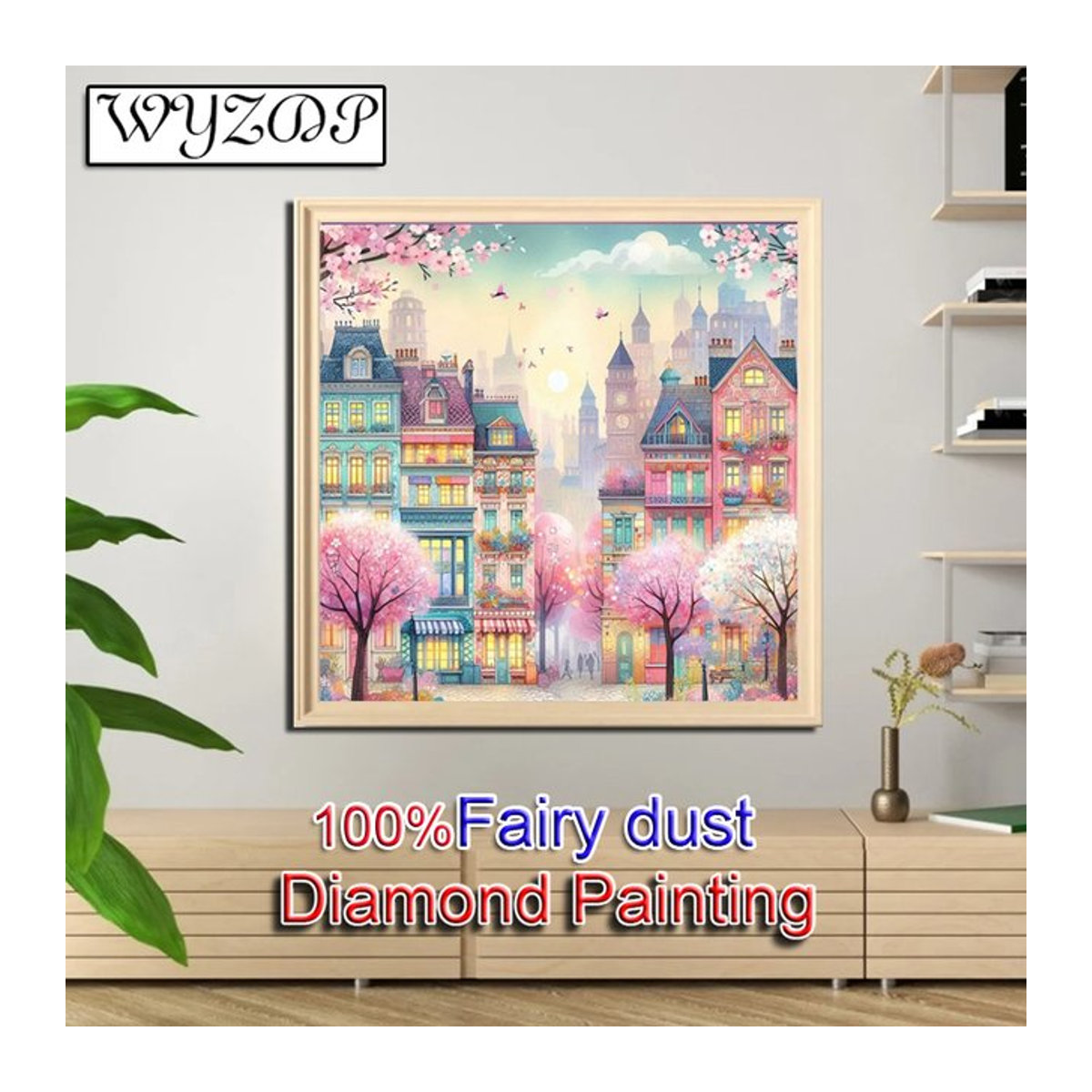 WYZDP Diamant-Malerei-Set Stadtlandschaft mit Frühlingselementen, mehrfarbig, wandmontiert - Bild 1