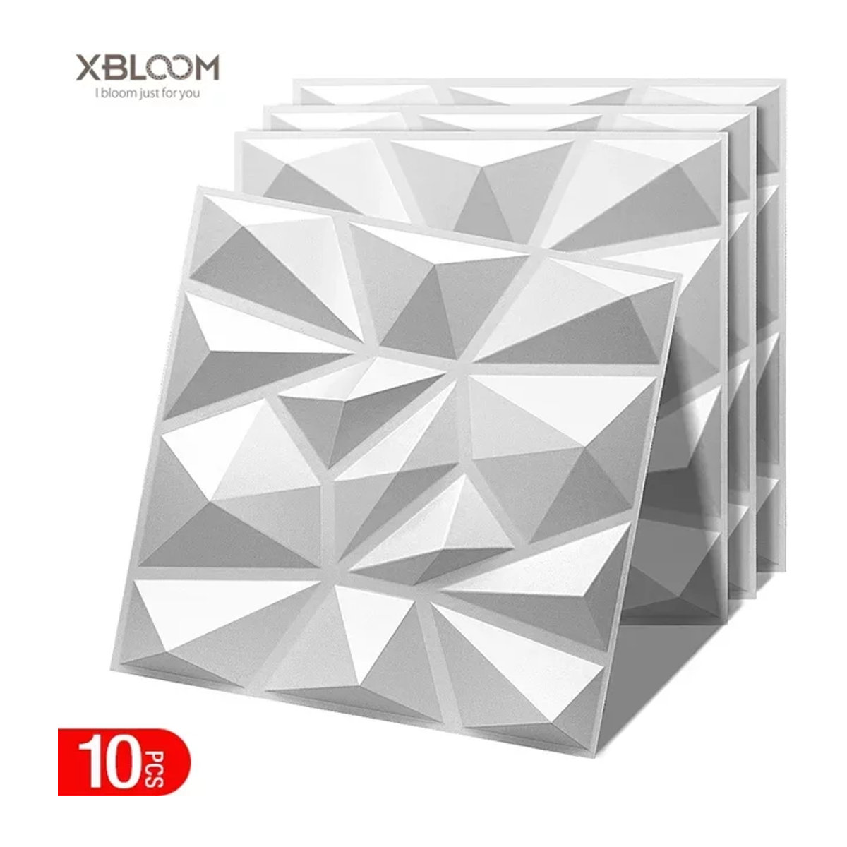 XBLOOM 10er Set 3D Wandpaneele in Weiß, geometrische Wanddekoration aus Kunststoff für Innenräume, quadratisch, 30 x 30 cm - Bild 1