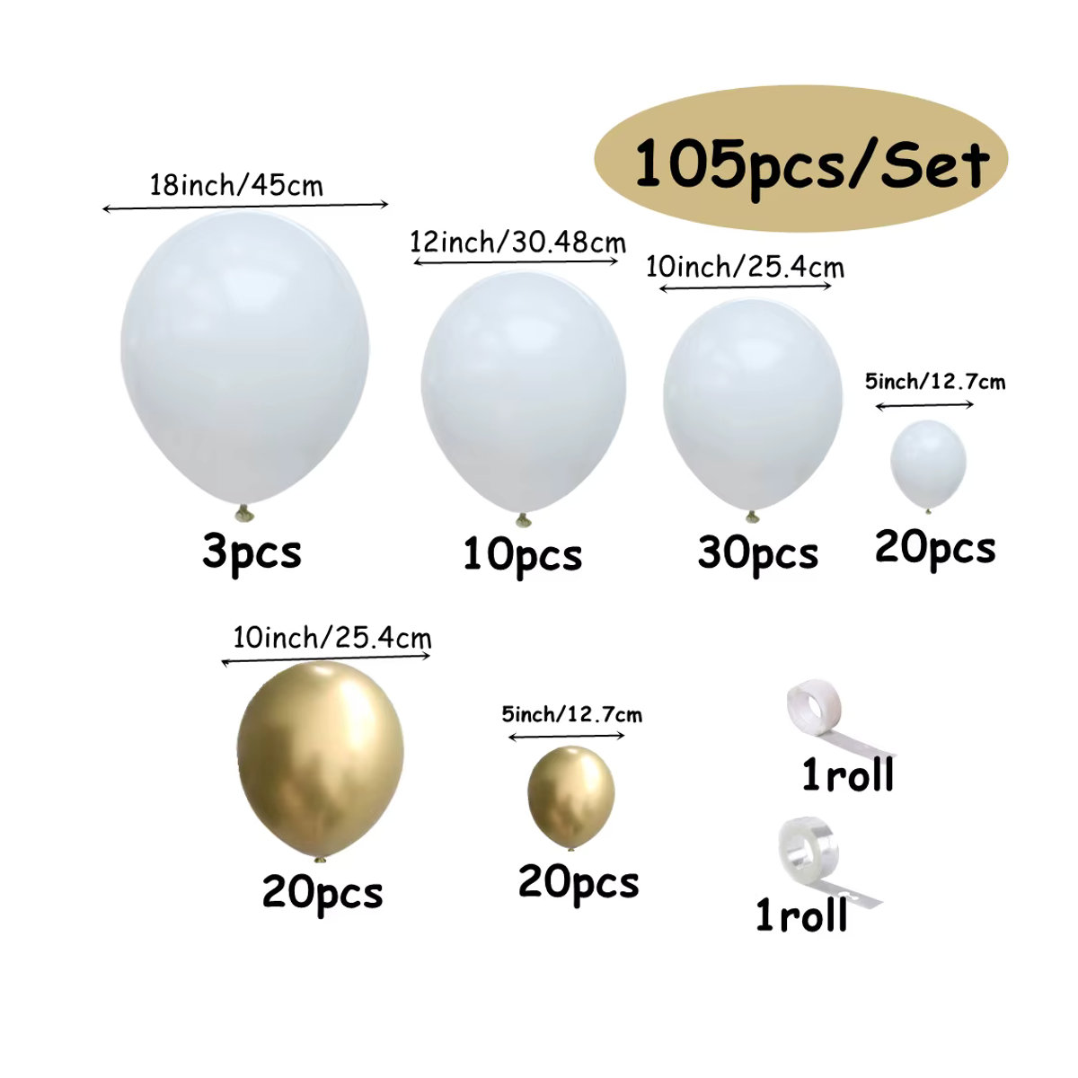 XHLFCJ Luftballon Girlande Bogen Kit aus Latex in Gold und Weiß, 105 Stück für Geburtstag, Hochzeit oder Babyparty, Metallic Chrom Dekoration - Bild 2