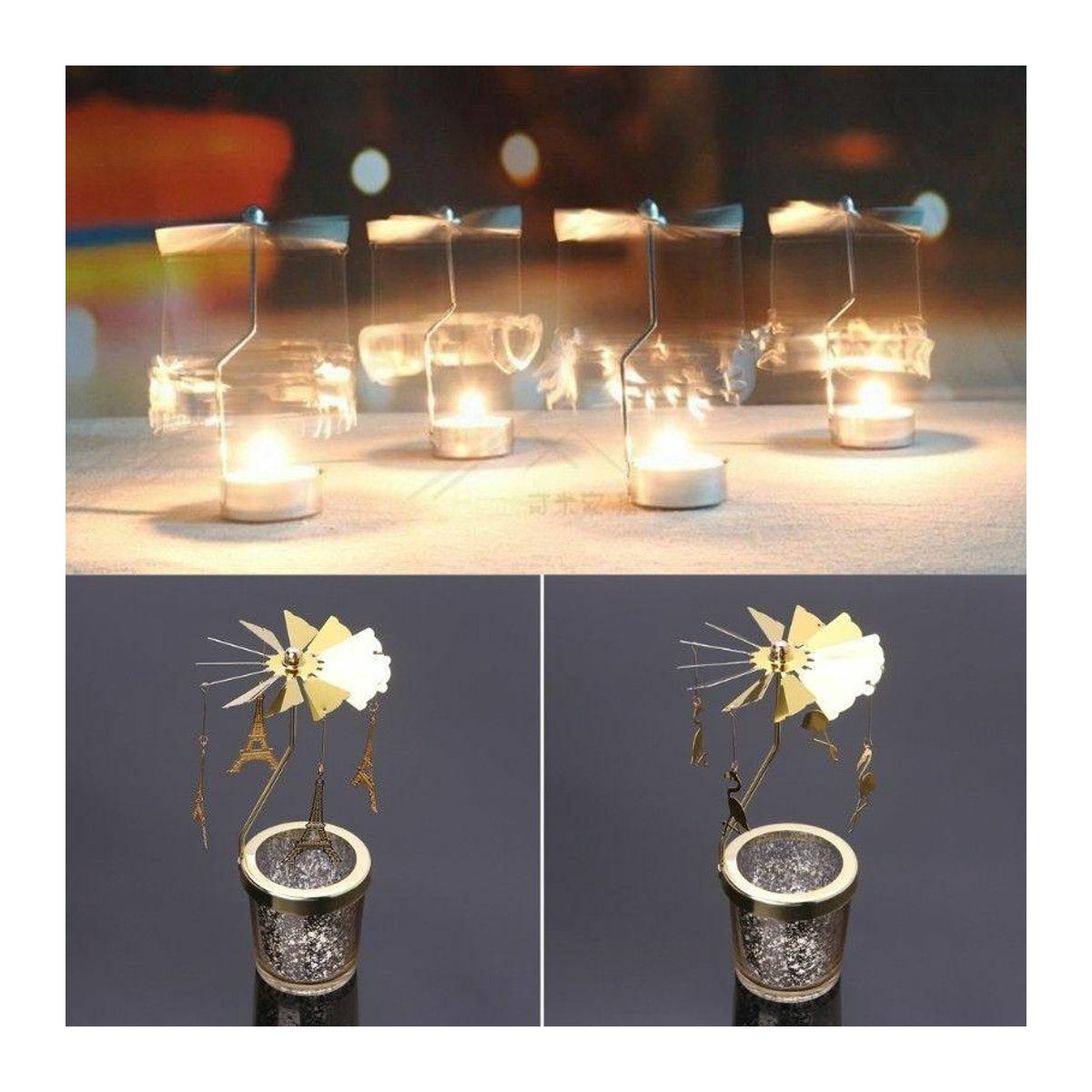 Xiaolang Rotierender Teelicht Kerzenhalter im Vintage Design aus Metall und Glas, Cage Bird Karussell für Hochzeit und Weihnachten in Silber oder Gold - Bild 3