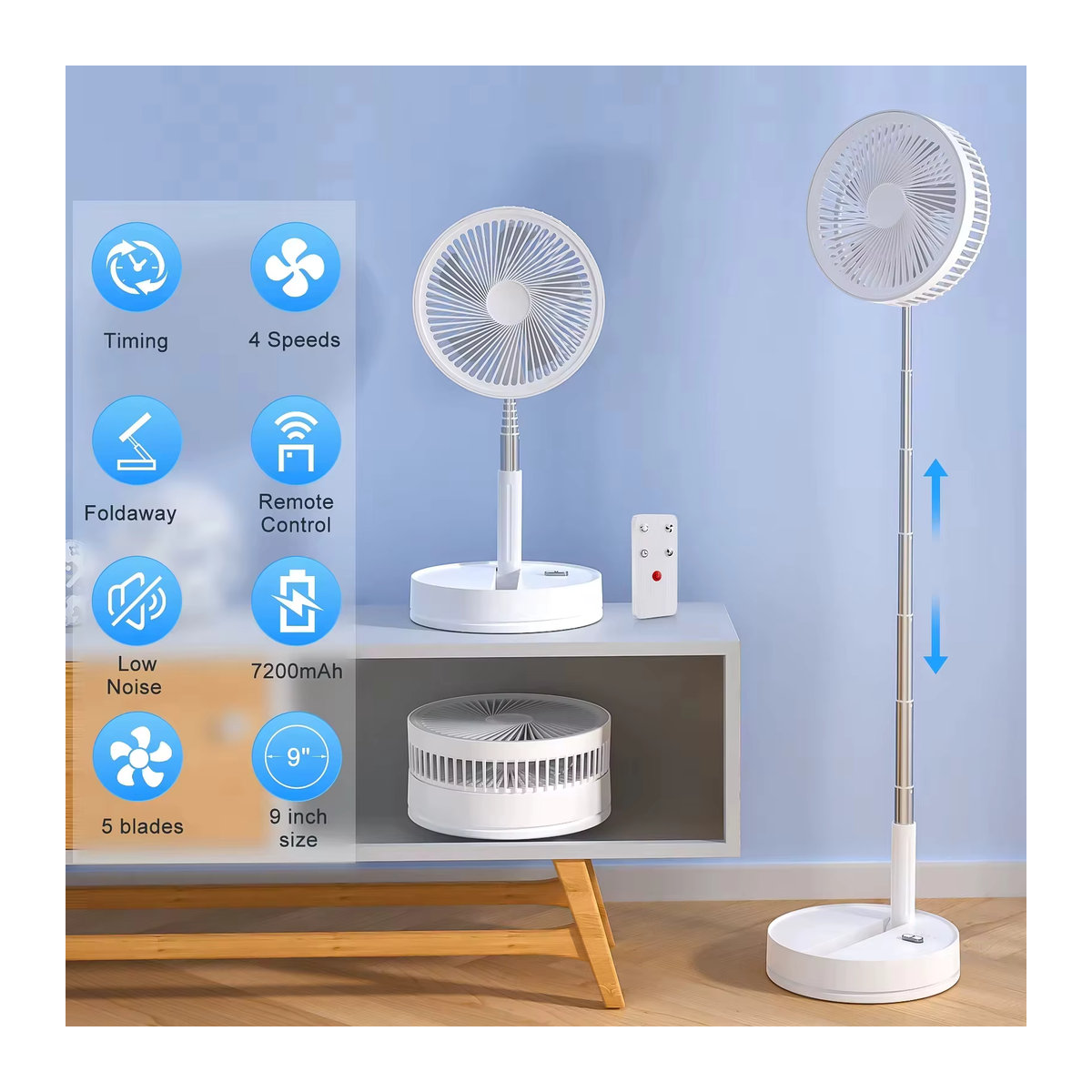 XIAOTREE Kabelloser zusammenklappbarer Schreibtischventilator mit 7200 mAh USB-Akku und Teleskopfunktion für Camping und Outdoor in Schwarz oder Weiß - Bild 1