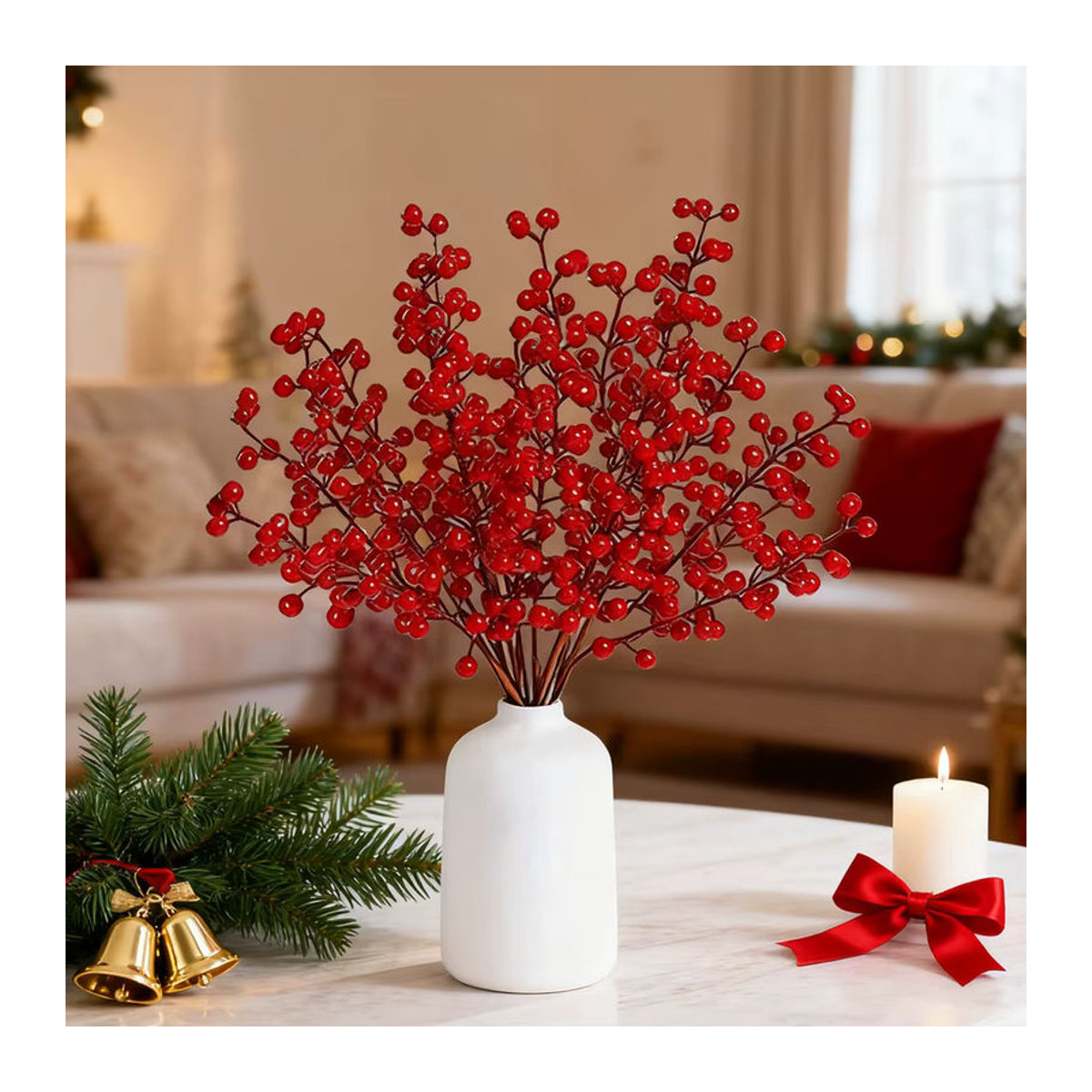XIAOYINMO Künstliche Holly Pflanze mit roten Früchten in Grün und Rot für Weihnachts- und Hochzeitsdekoration, 5er Set - Bild 2