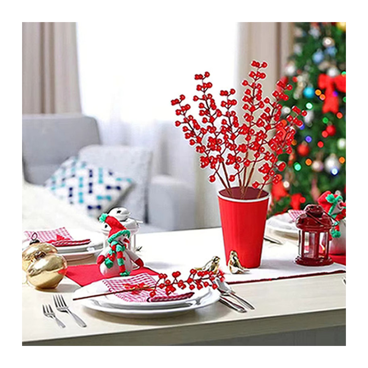 XIAOYINMO Künstliche Holly Pflanze mit roten Früchten in Grün und Rot für Weihnachts- und Hochzeitsdekoration, 5er Set - Bild 3