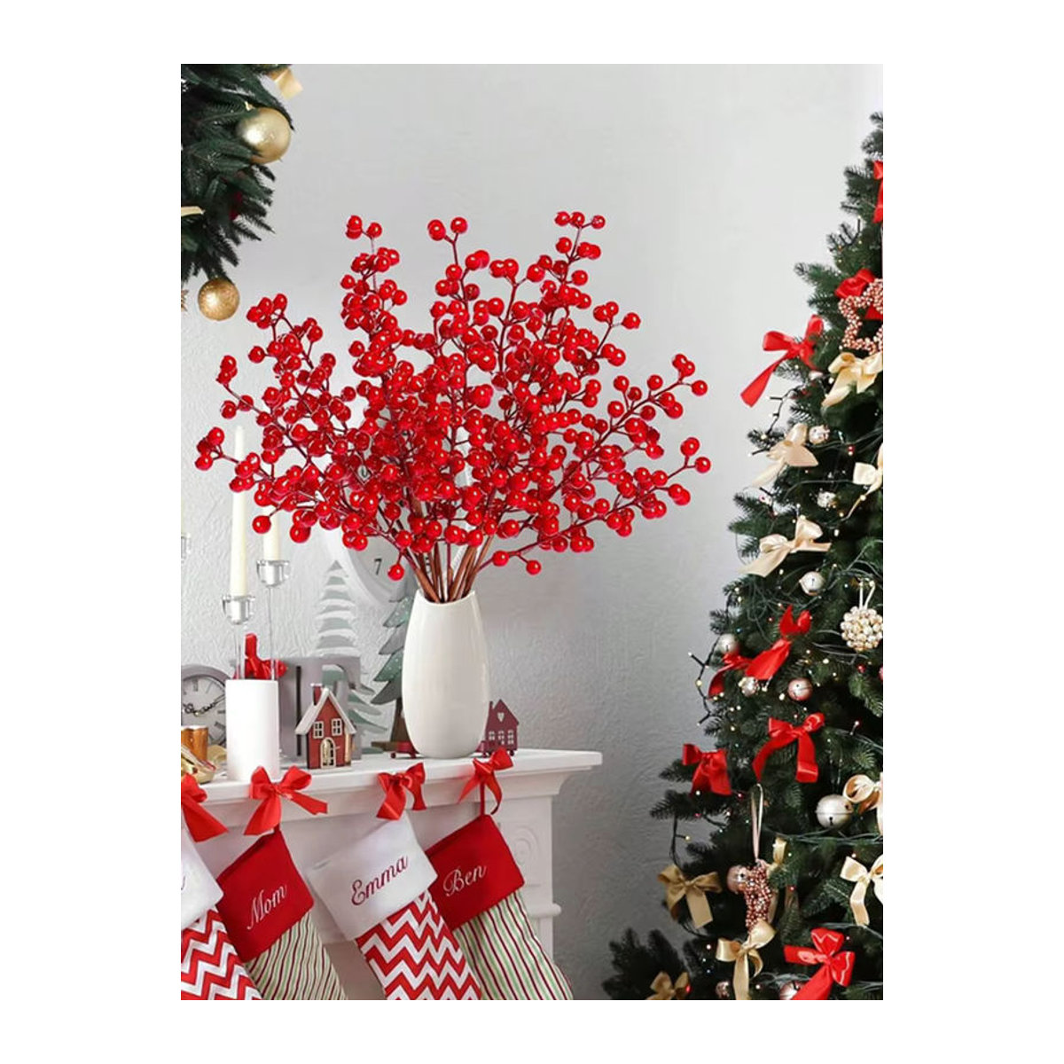 XIAOYINMO Künstliche Holly Pflanze mit roten Früchten in Grün und Rot für Weihnachts- und Hochzeitsdekoration, 5er Set - Bild 5
