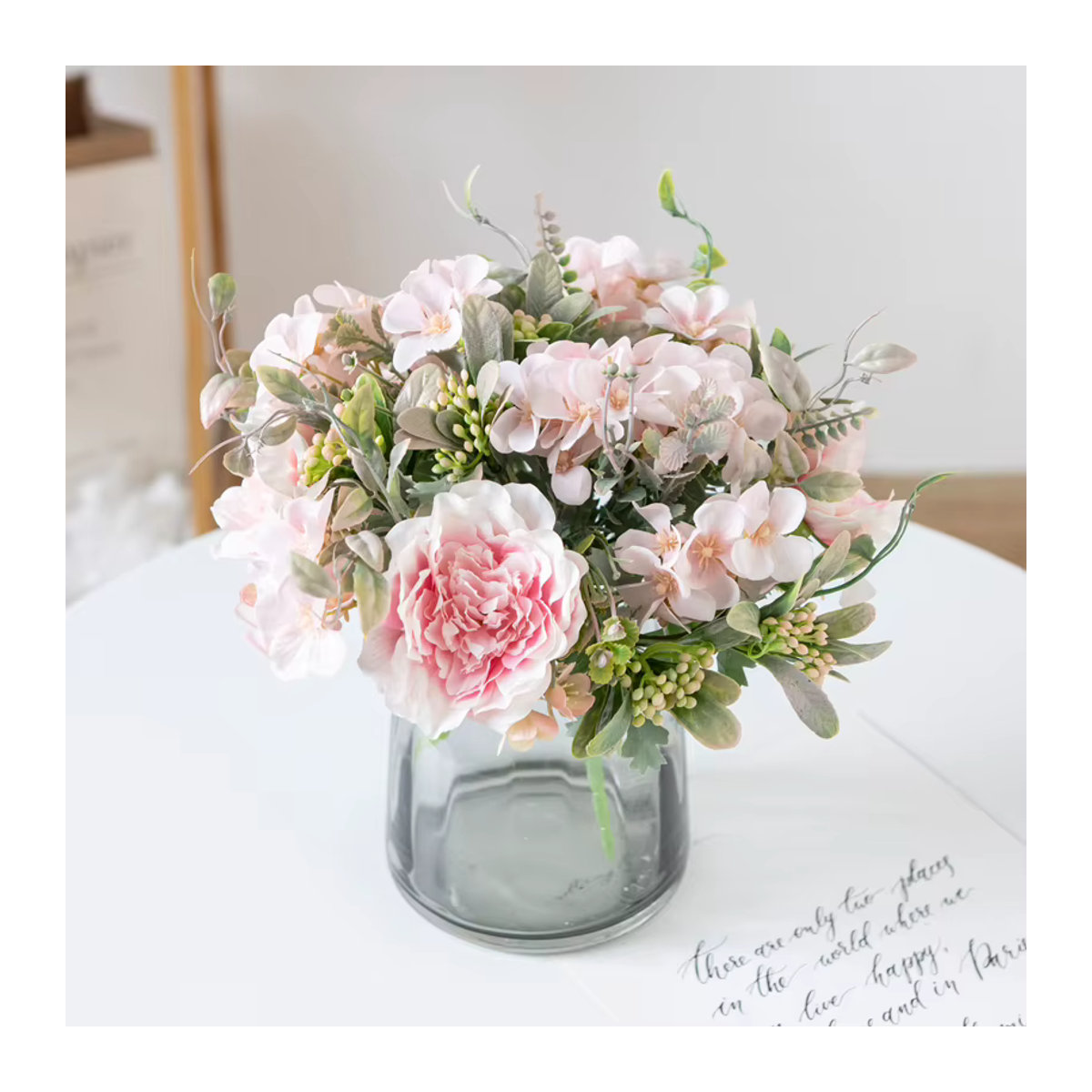 XIAOYINMO Künstlicher Blumenstrauß aus Seide mit Pfingstrosen und Hortensien in Rosa für Hochzeit und Dekoration - Bild 1