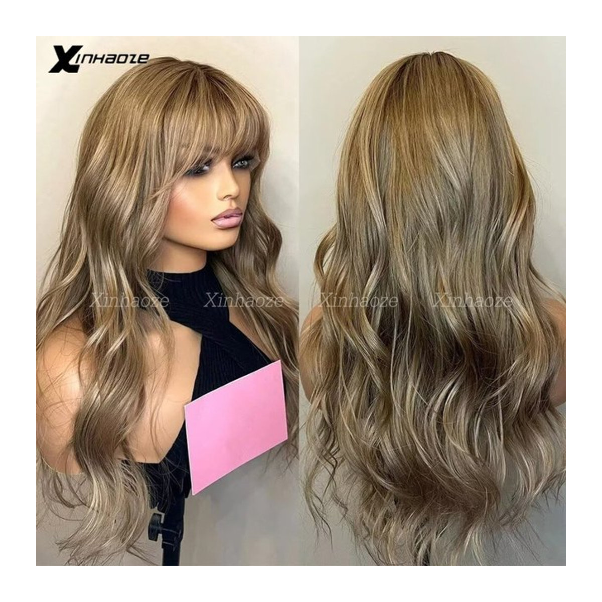 XINHAOZE Echthaar-Fransenperücke in Hellblond # 27, gewellt, Lace-Front-Perücke mit Pony und Seidentop - Bild 1