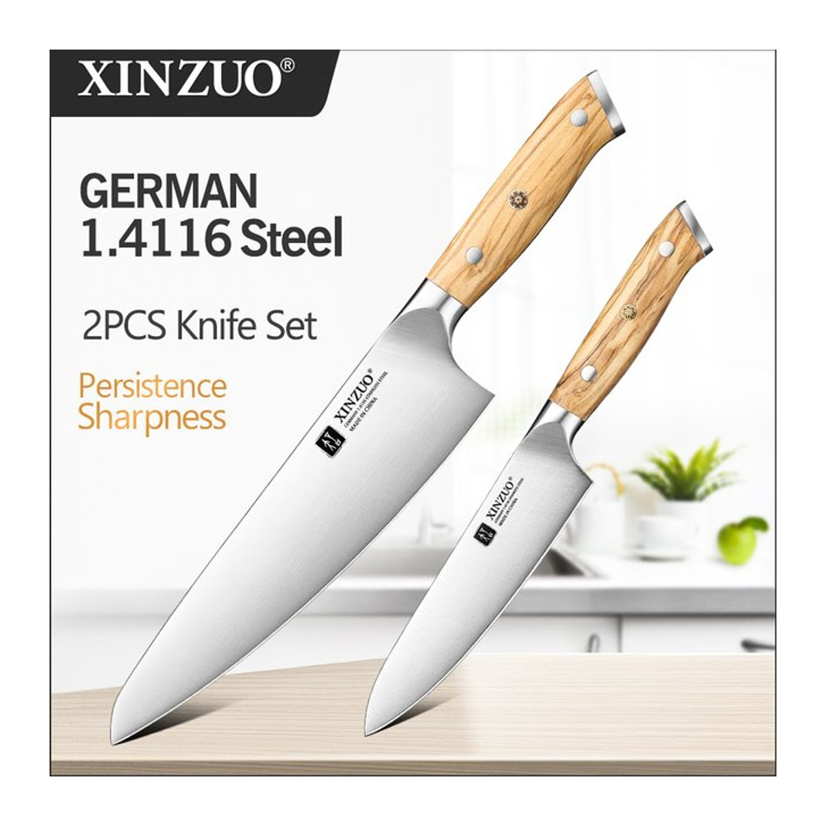XINZUO 2-teiliges Messerset aus Edelstahl mit Olivholzgriff bestehend aus Allzweckmesser und Kochmesser - Bild 1