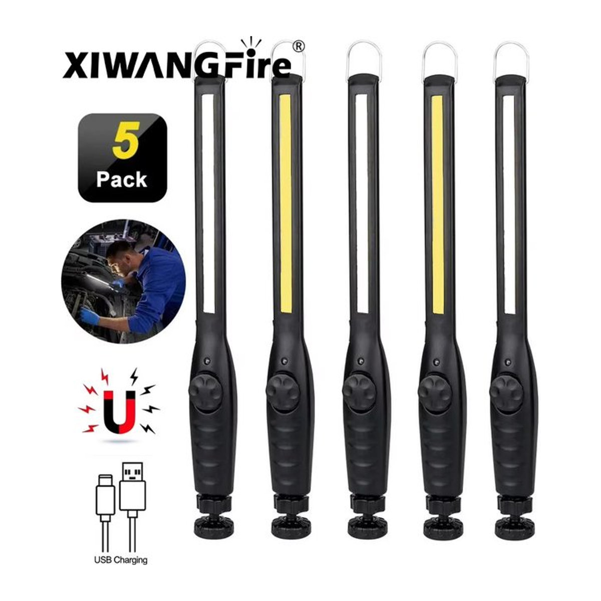 XIWANGFIRE COB und LED Taschenlampe mit Magnet, USB aufladbare Arbeitsleuchte und tragbare Camping-Laterne für Auto und Inspektion - Bild 1