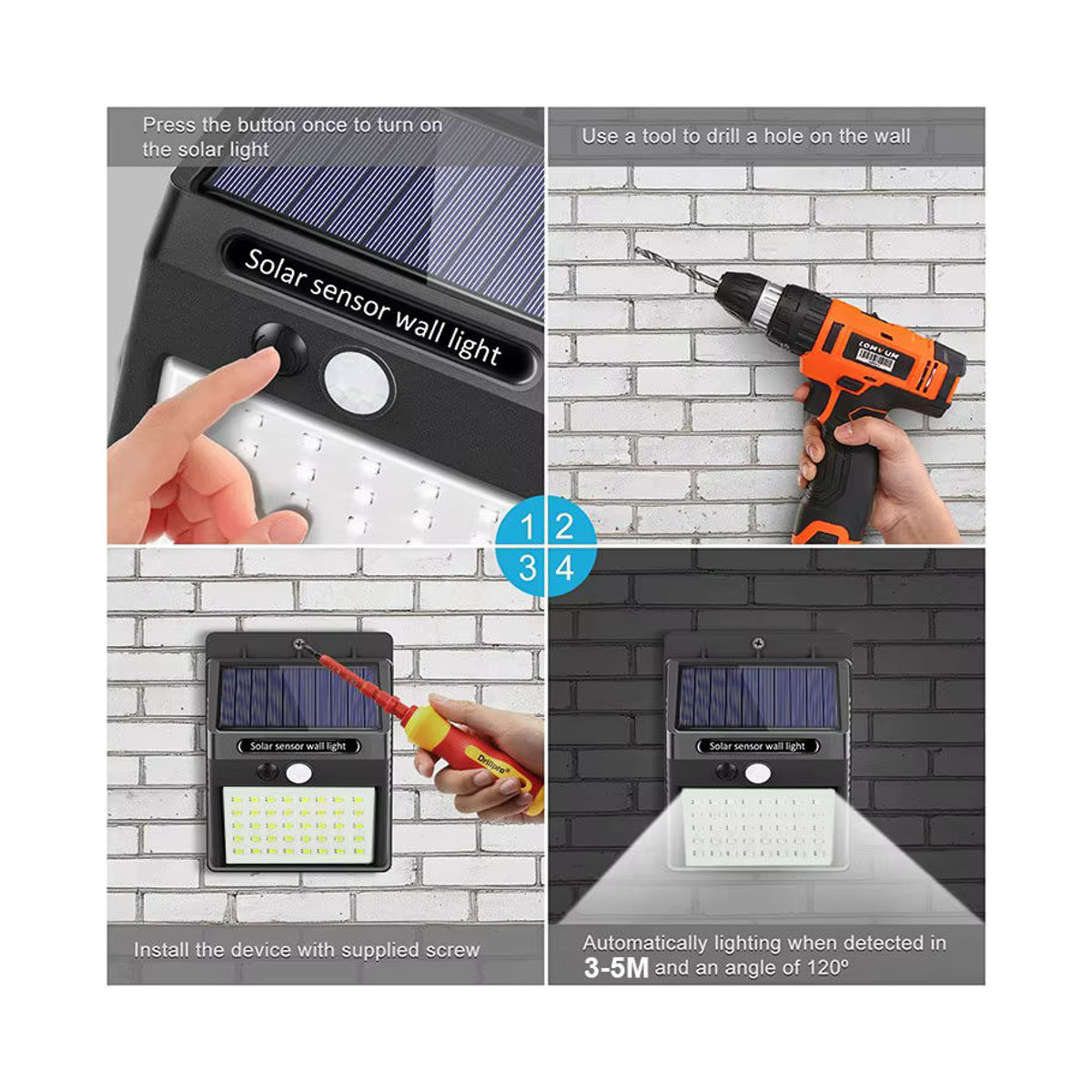 XIWANGFIRE LED Solar Wandleuchte mit PIR Bewegungssensor, Wasserdicht, Schwarz, Minimalistisches Design - Bild 6