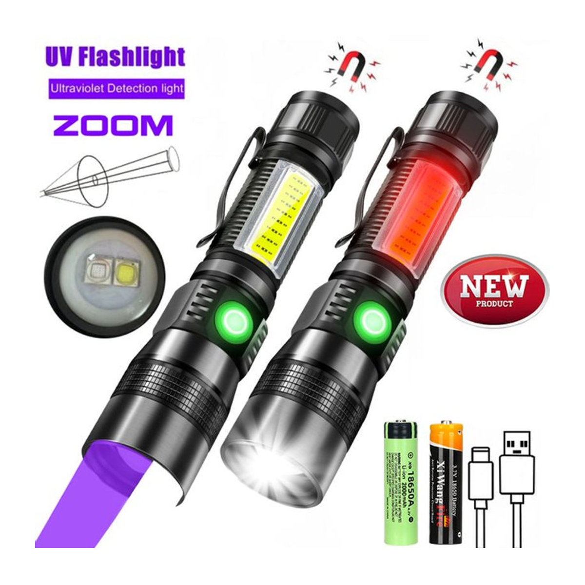 XIWANGFIRE LED-UV-Taschenlampe mit 365 nm Schwarzlicht, USB wiederaufladbar für Camping und Haustierreinigung - Bild 1