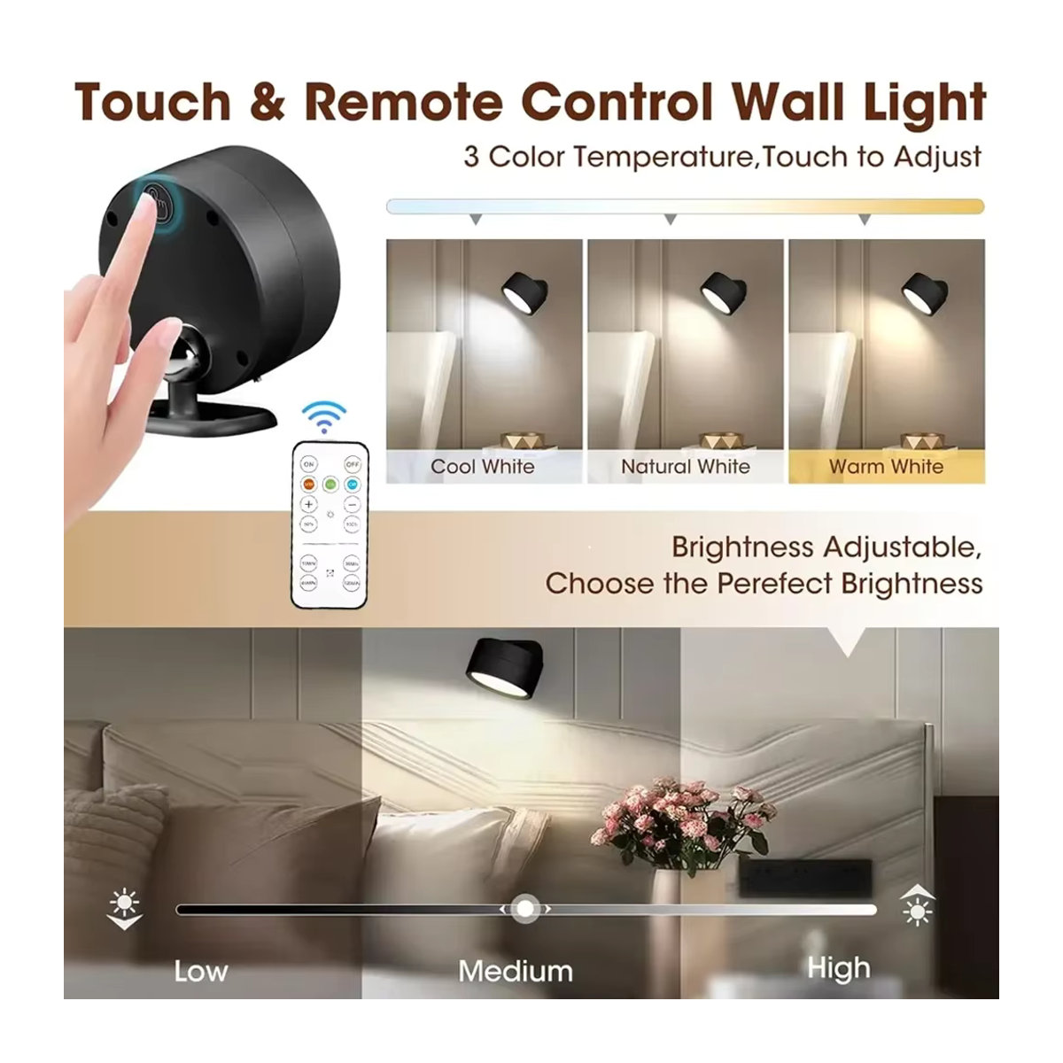 XIWANGFIRE LED Wandleuchte Schwarz, dimmbar und wiederaufladbar mit Fernbedienung und 360 Grad drehbarer magnetischer Kugel - Bild 2