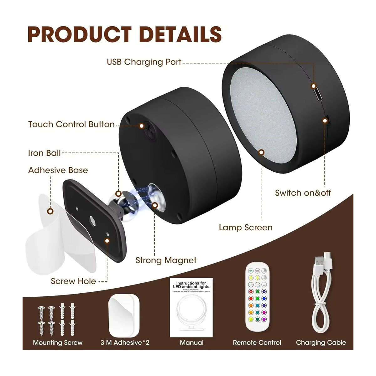 XIWANGFIRE LED Wandleuchte Schwarz, dimmbar und wiederaufladbar mit Fernbedienung und 360 Grad drehbarer magnetischer Kugel - Bild 6