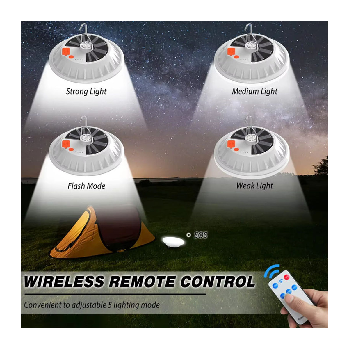 XIWANGFIRE Solar-Campingleuchte, tragbare wiederaufladbare LED-Zeltlaterne mit USB-Aufladung, Fernbedienung und Powerbank für Outdoor, Grillen und Angeln - Bild 2