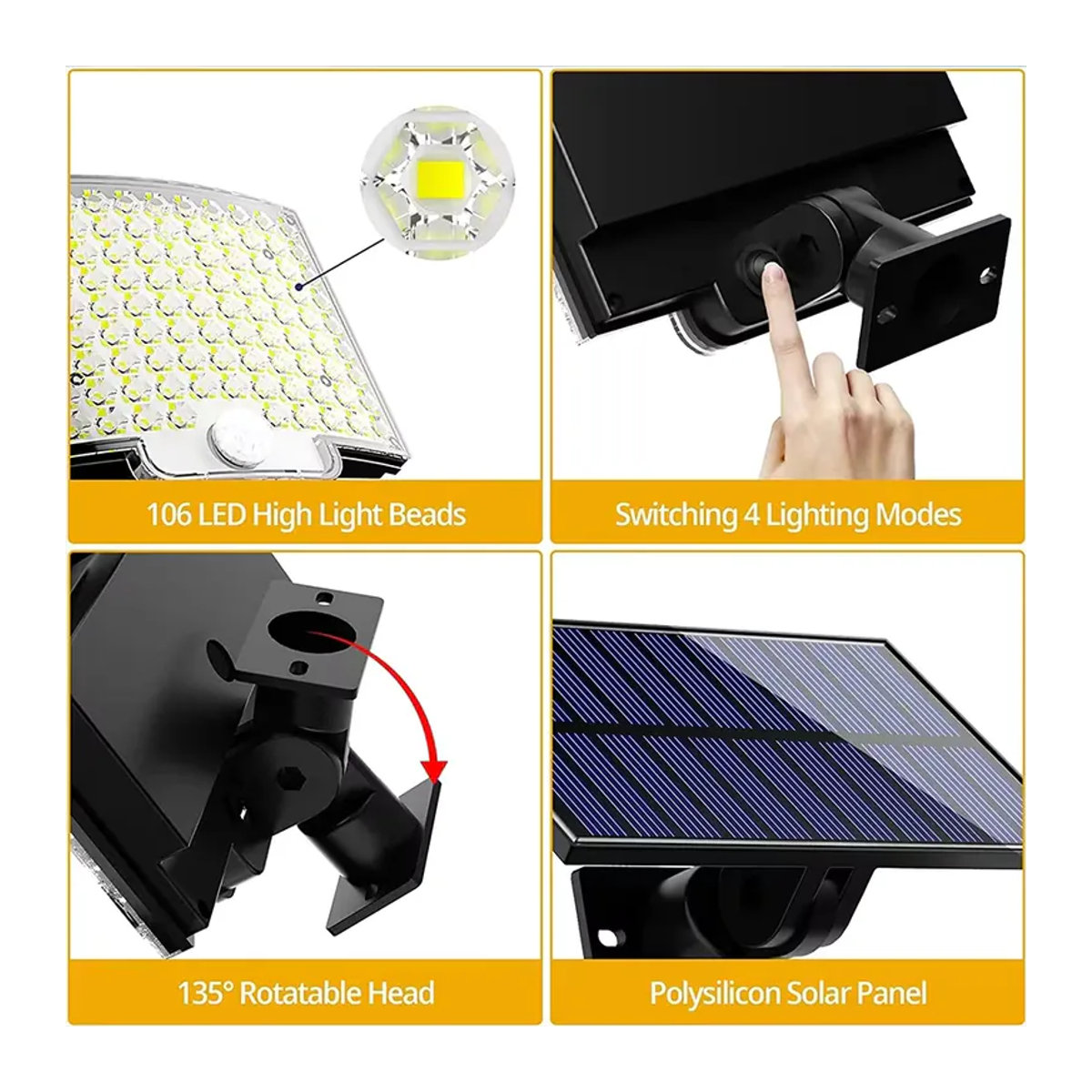 XIWANGFIRE Solar-LED-Wandleuchte mit 106 LEDs und Bewegungsmelder in Schwarz - Bild 5