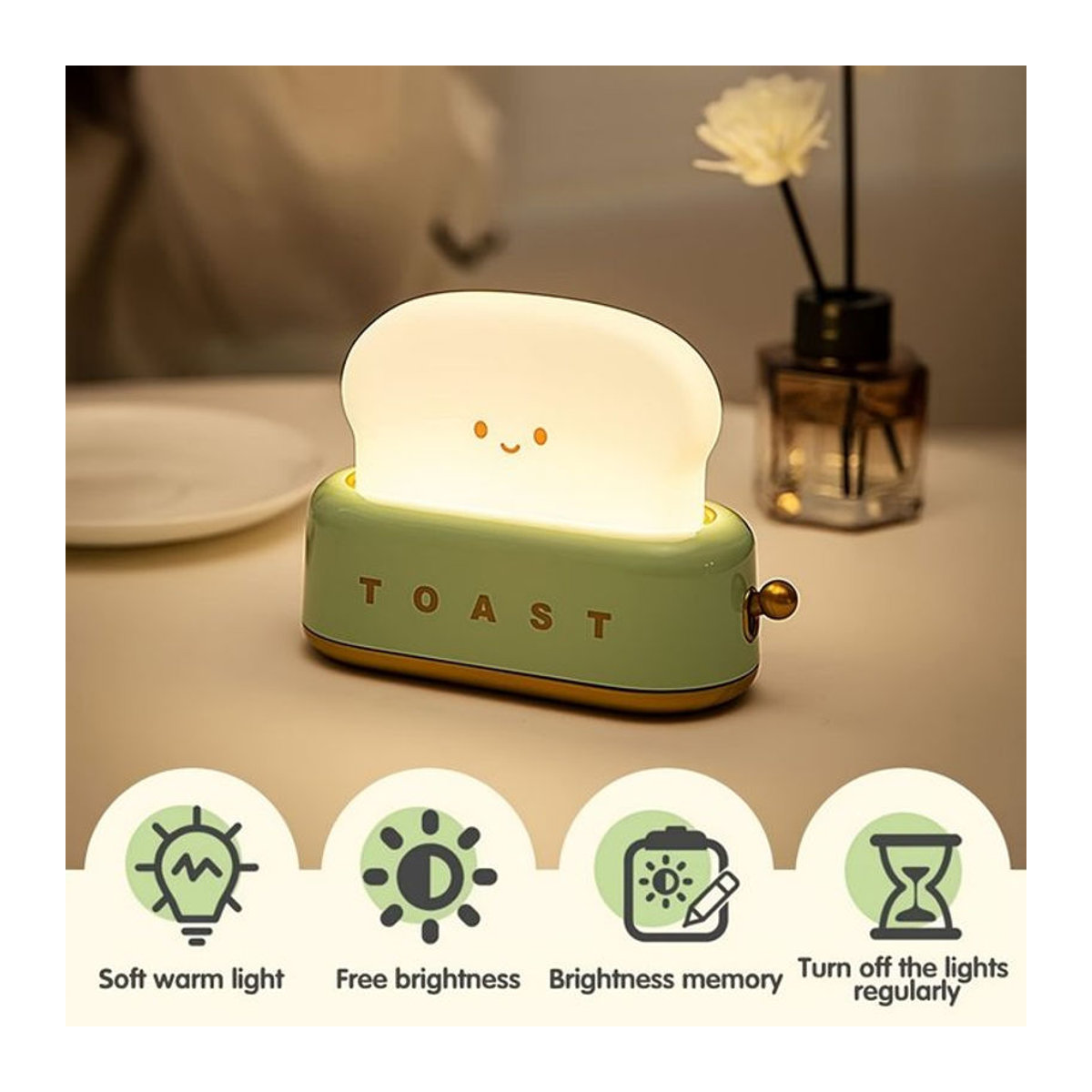 XIWANGFIRE Toaster-Lampe als wiederaufladbare LED-Nachtleuchte mit Metallakzenten in Rosa oder Grün - Bild 1