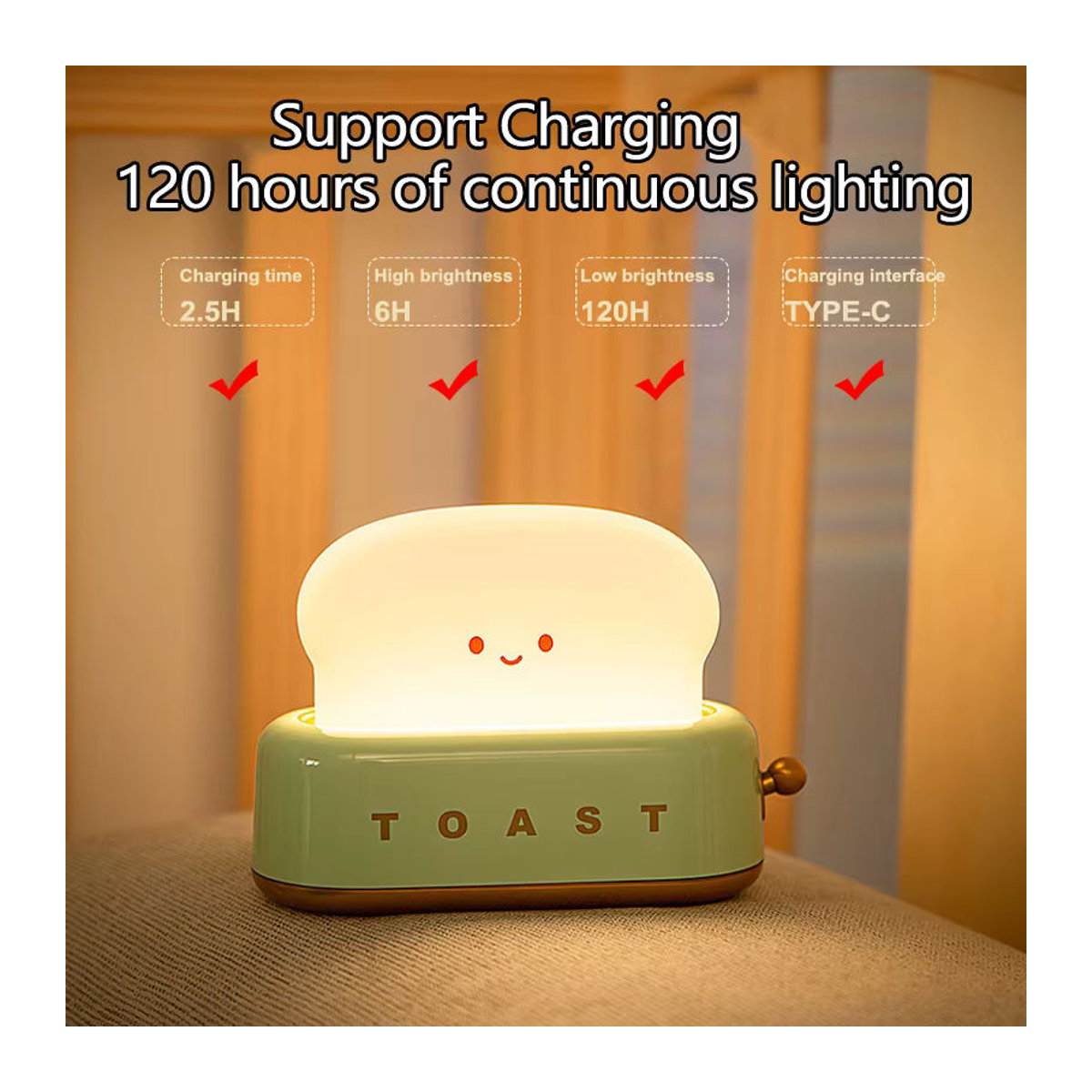 XIWANGFIRE Toaster-Lampe als wiederaufladbare LED-Nachtleuchte mit Metallakzenten in Rosa oder Grün - Bild 2