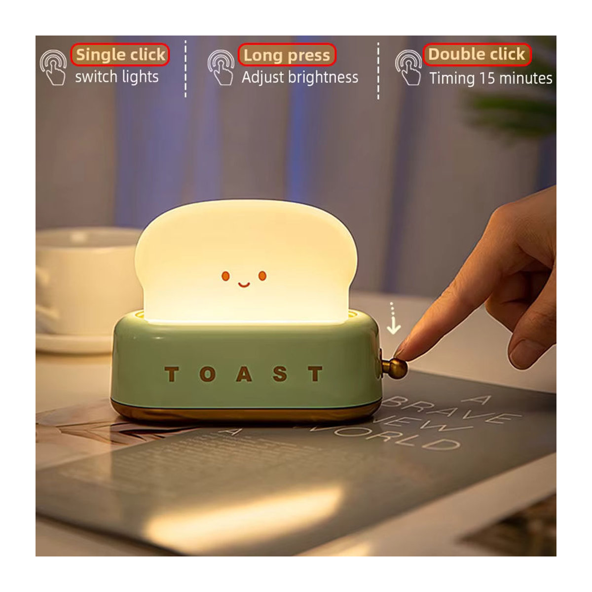 XIWANGFIRE Toaster-Lampe als wiederaufladbare LED-Nachtleuchte mit Metallakzenten in Rosa oder Grün - Bild 3