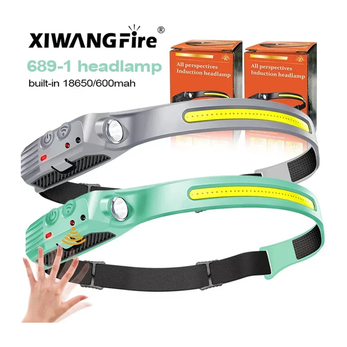 XIWANGFIRE Wiederaufladbare Sensor-LED-Stirnlampe mit 5 Modi und integriertem 18650 Akku, IPX4 wasserdicht, ideal für Angeln, Camping und Nachtlauf - Bild 1
