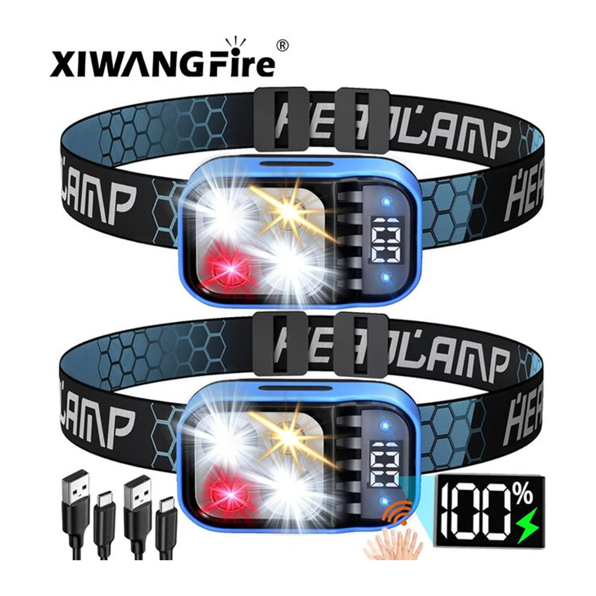 XIWANGFIRE Wiederaufladbarer LED Sensor Scheinwerfer mit 1500lm, Wasserdicht, Weiß-Rot, für Camping, Wandern und Angeln - Bild 1