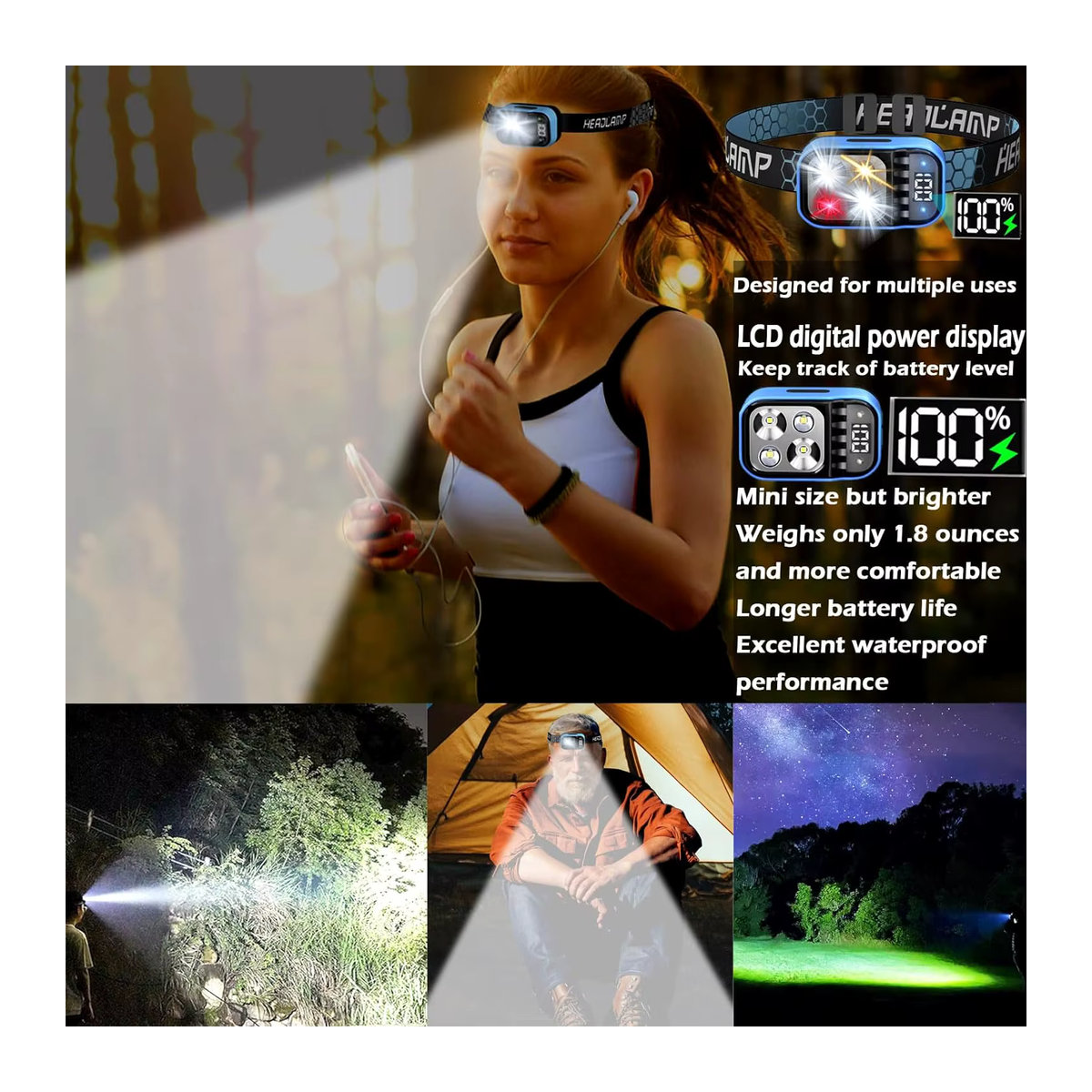 XIWANGFIRE Wiederaufladbarer LED Sensor Scheinwerfer mit 1500lm, Wasserdicht, Weiß-Rot, für Camping, Wandern und Angeln - Bild 2