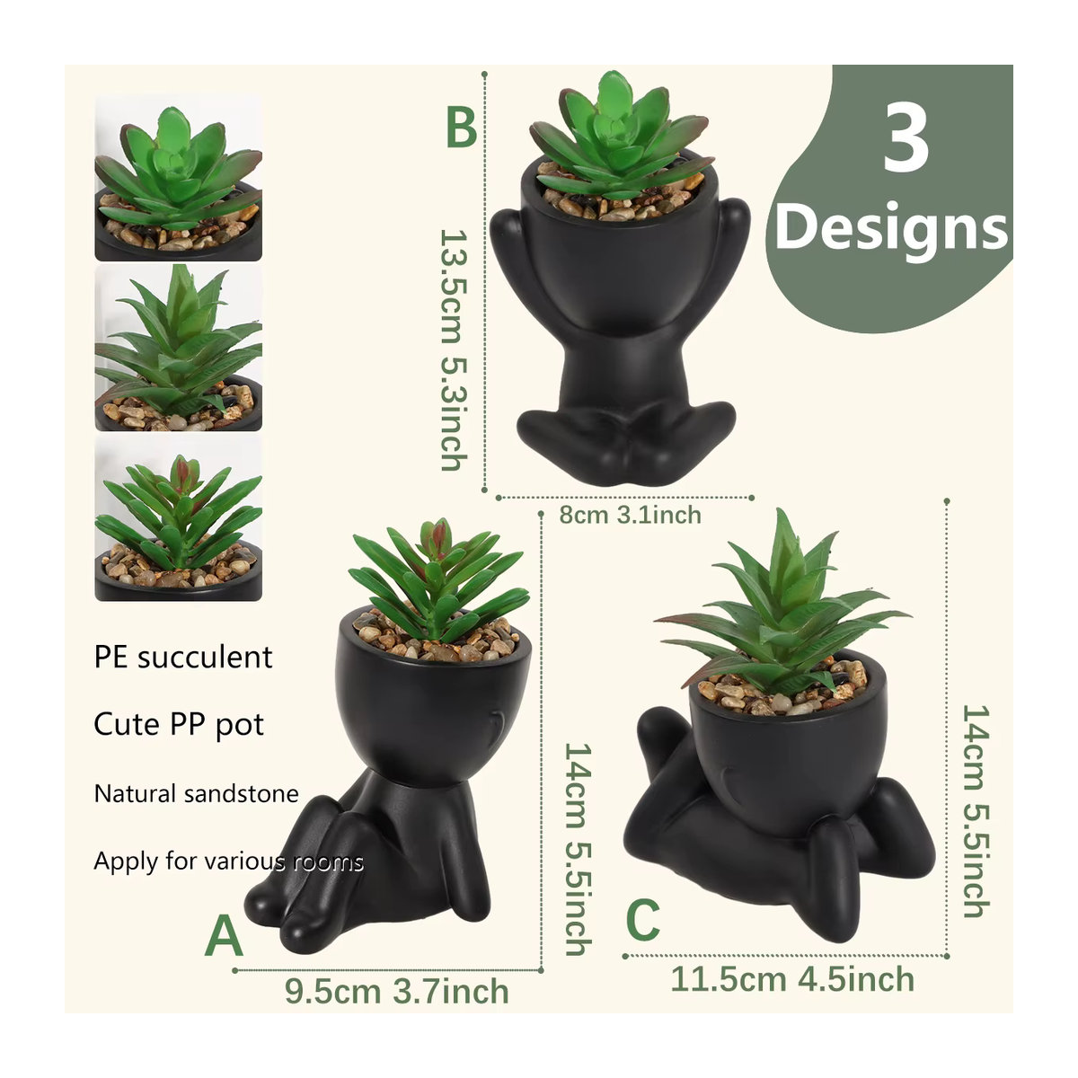 XIYA FLOWER 3er Set Künstliche Aloe Vera Sukkulenten in Cartoon Töpfen, Schwarz und Mehrfarbig, Kunststoff Pflanzen für die Dekoration - Bild 2