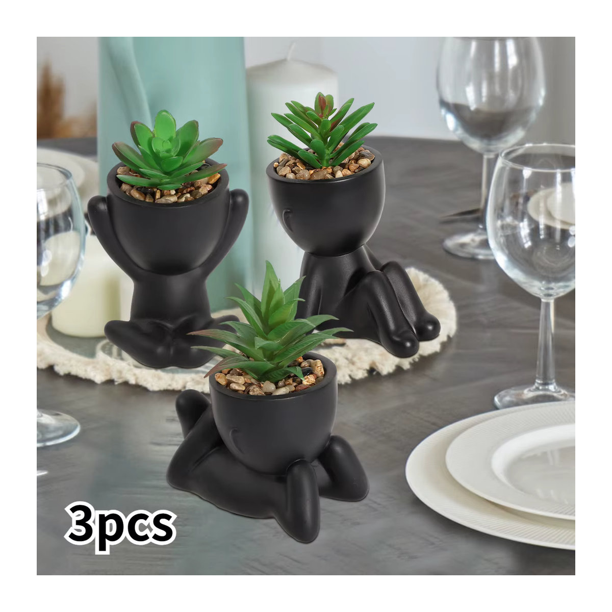 XIYA FLOWER 3er Set Künstliche Aloe Vera Sukkulenten in Cartoon Töpfen, Schwarz und Mehrfarbig, Kunststoff Pflanzen für die Dekoration - Bild 3