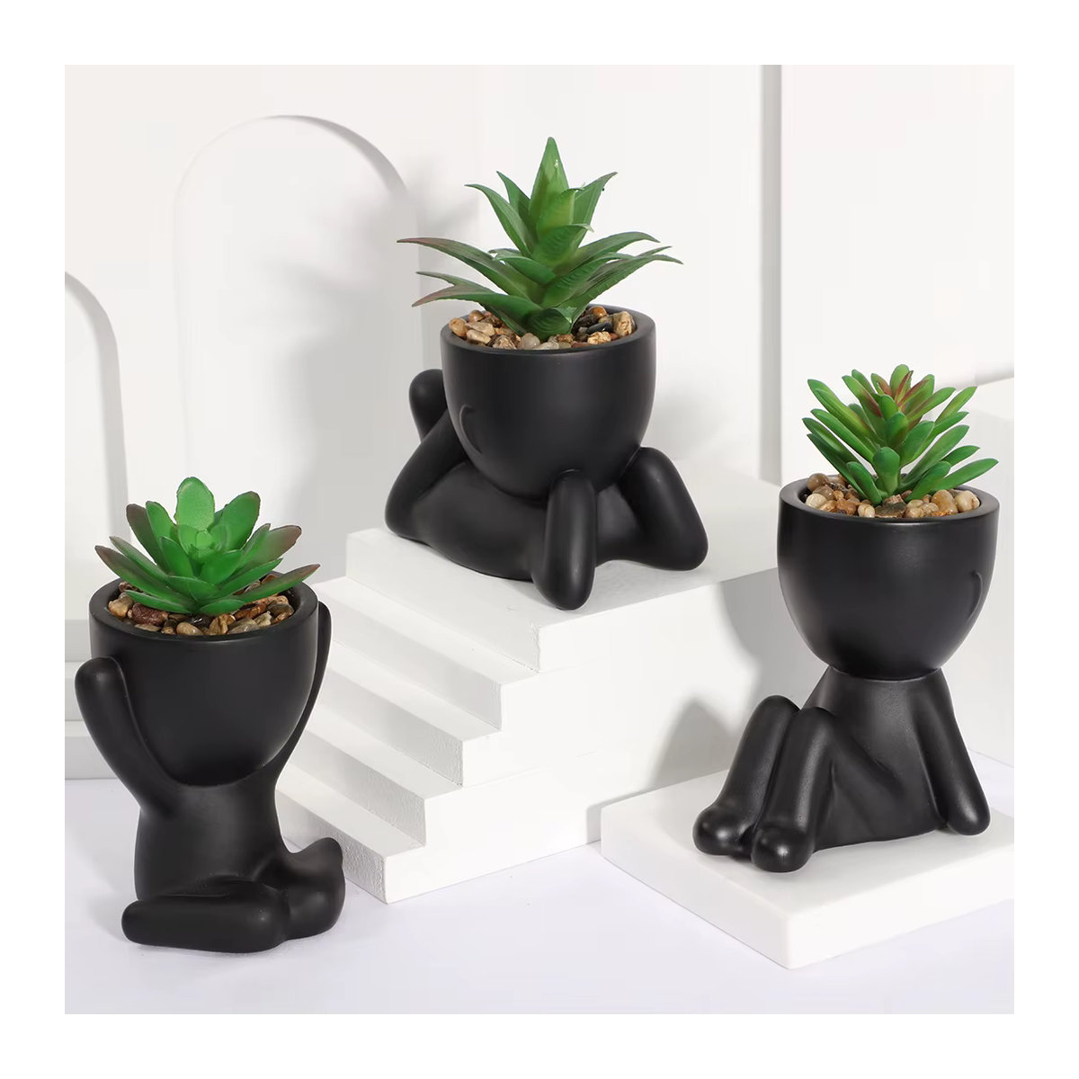 XIYA FLOWER 3er Set Künstliche Aloe Vera Sukkulenten in Cartoon Töpfen, Schwarz und Mehrfarbig, Kunststoff Pflanzen für die Dekoration - Bild 4