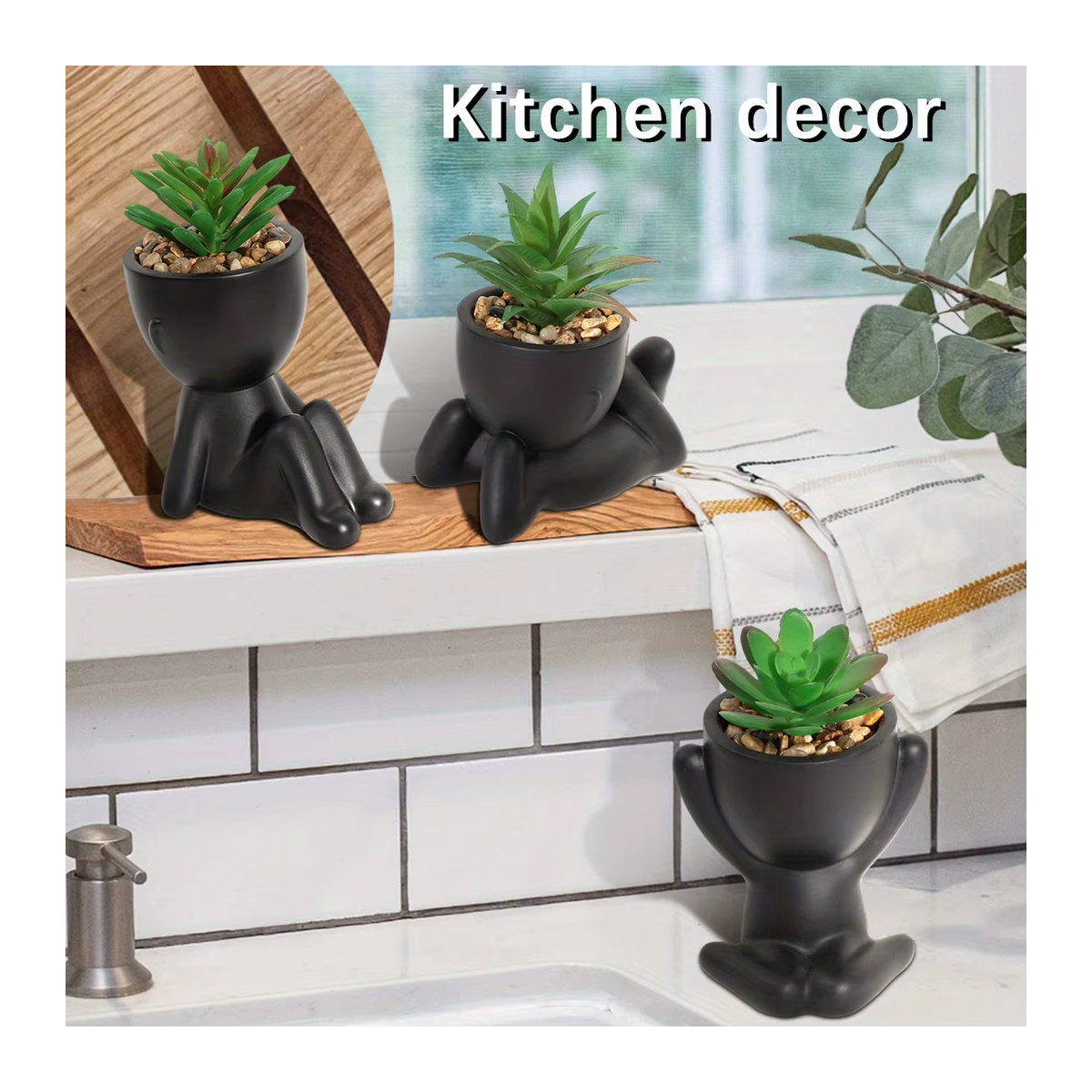 XIYA FLOWER 3er Set Künstliche Aloe Vera Sukkulenten in Cartoon Töpfen, Schwarz und Mehrfarbig, Kunststoff Pflanzen für die Dekoration - Bild 5