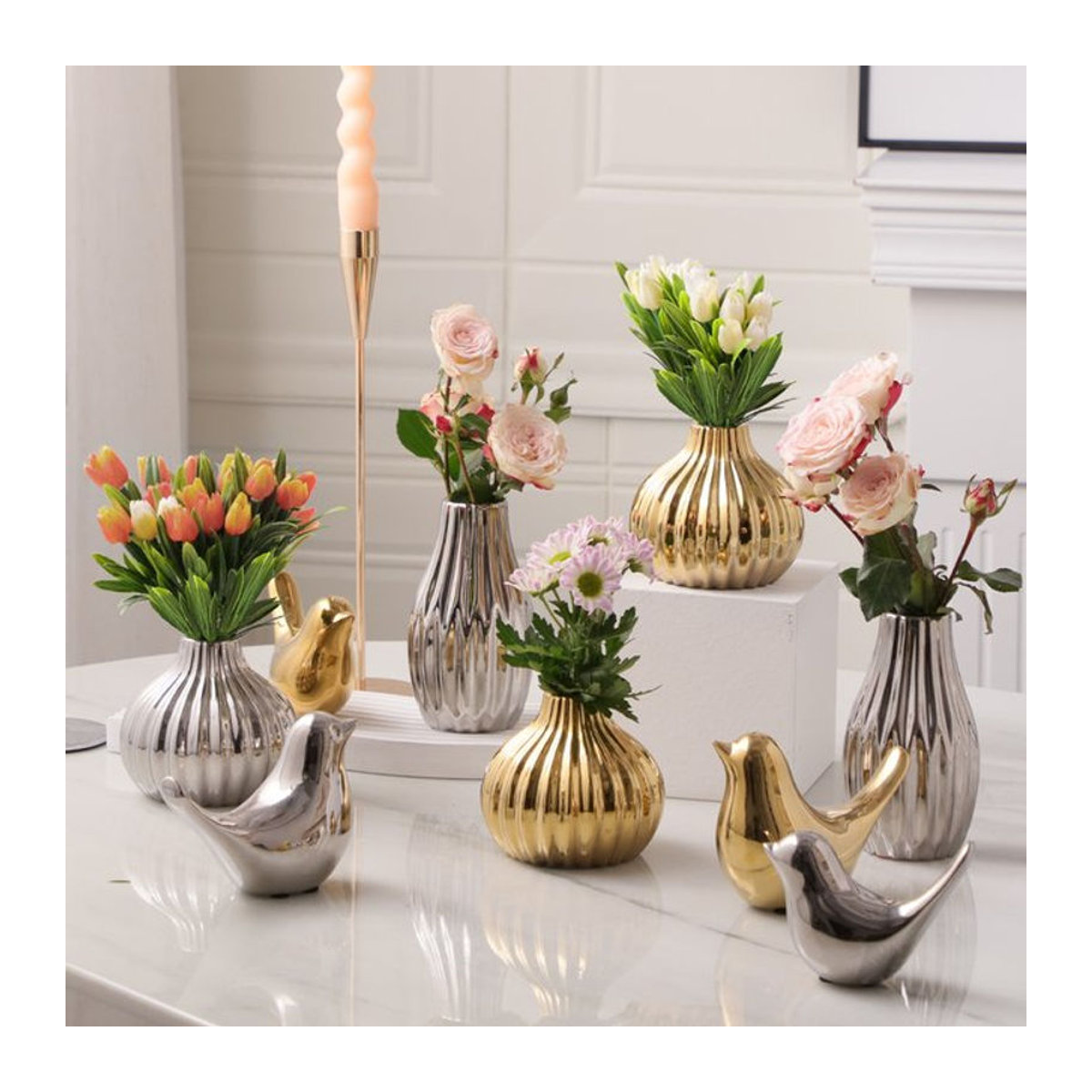XIYA FLOWER Geometrische Keramikvase im minimalistischen Stil, Gold und Silber - Bild 1